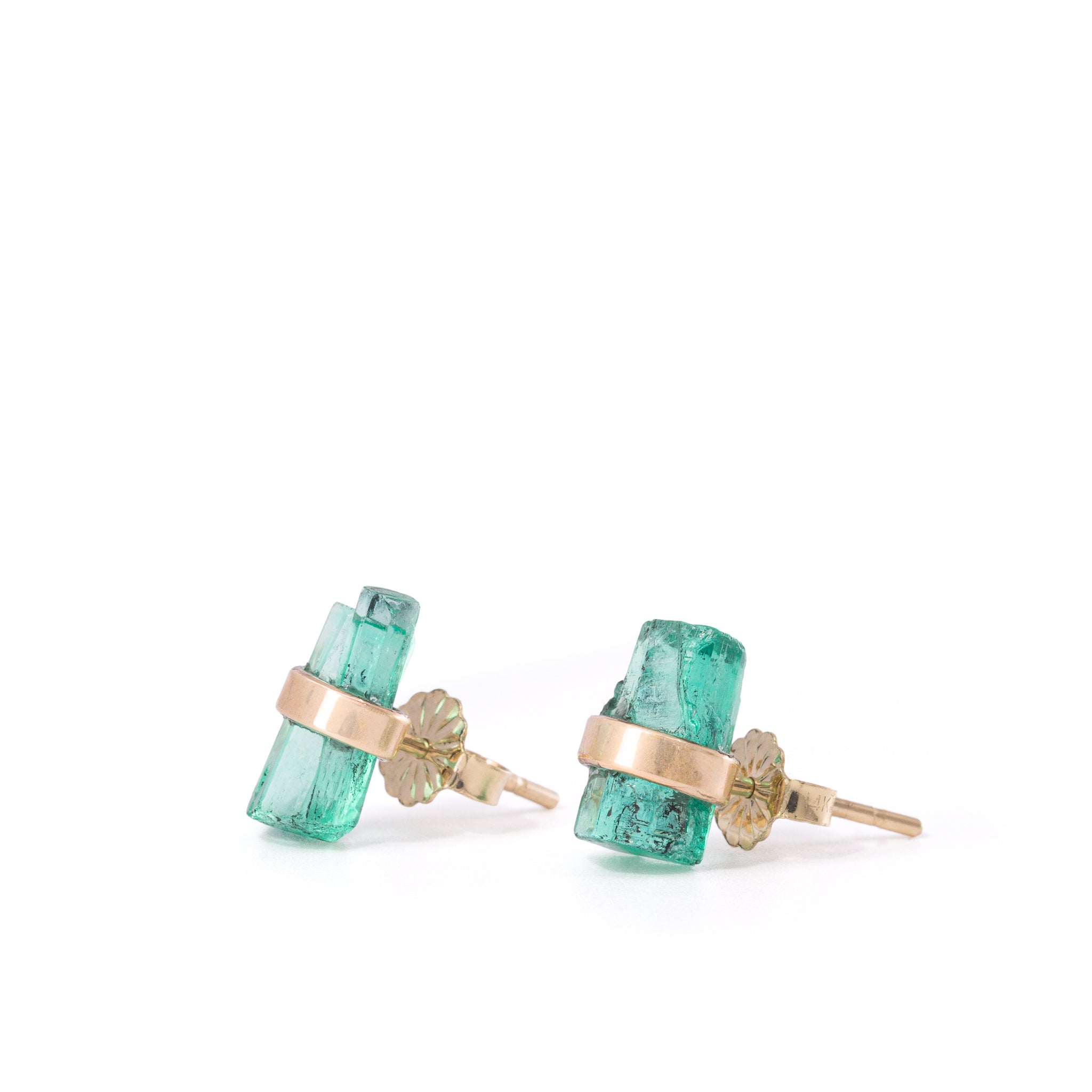 Natural Emerald crystal earrings handcrafted in 14K, alternate angle