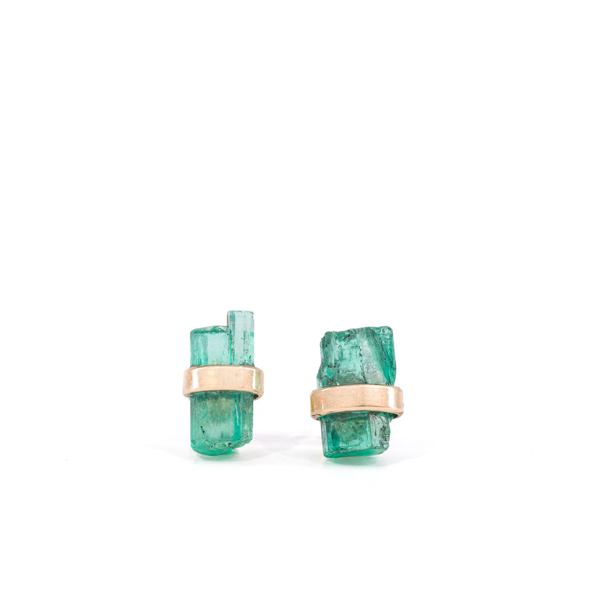 Natural Emerald crystal earrings handcrafted in 14K, front view