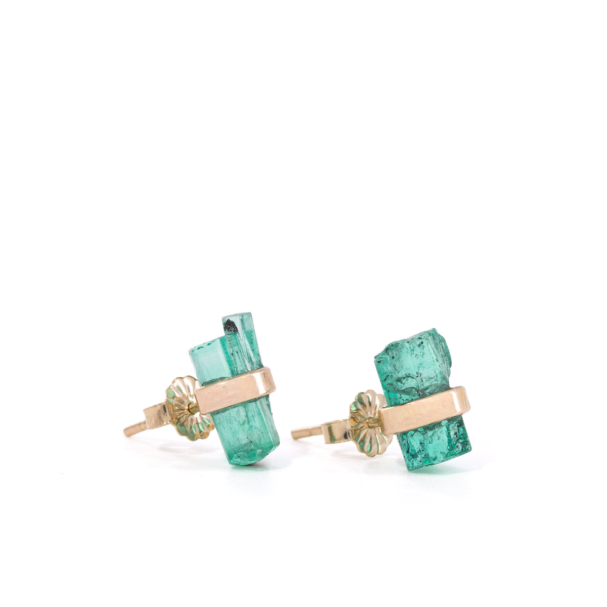 Natural Emerald crystal earrings handcrafted in 14K, angled pair view