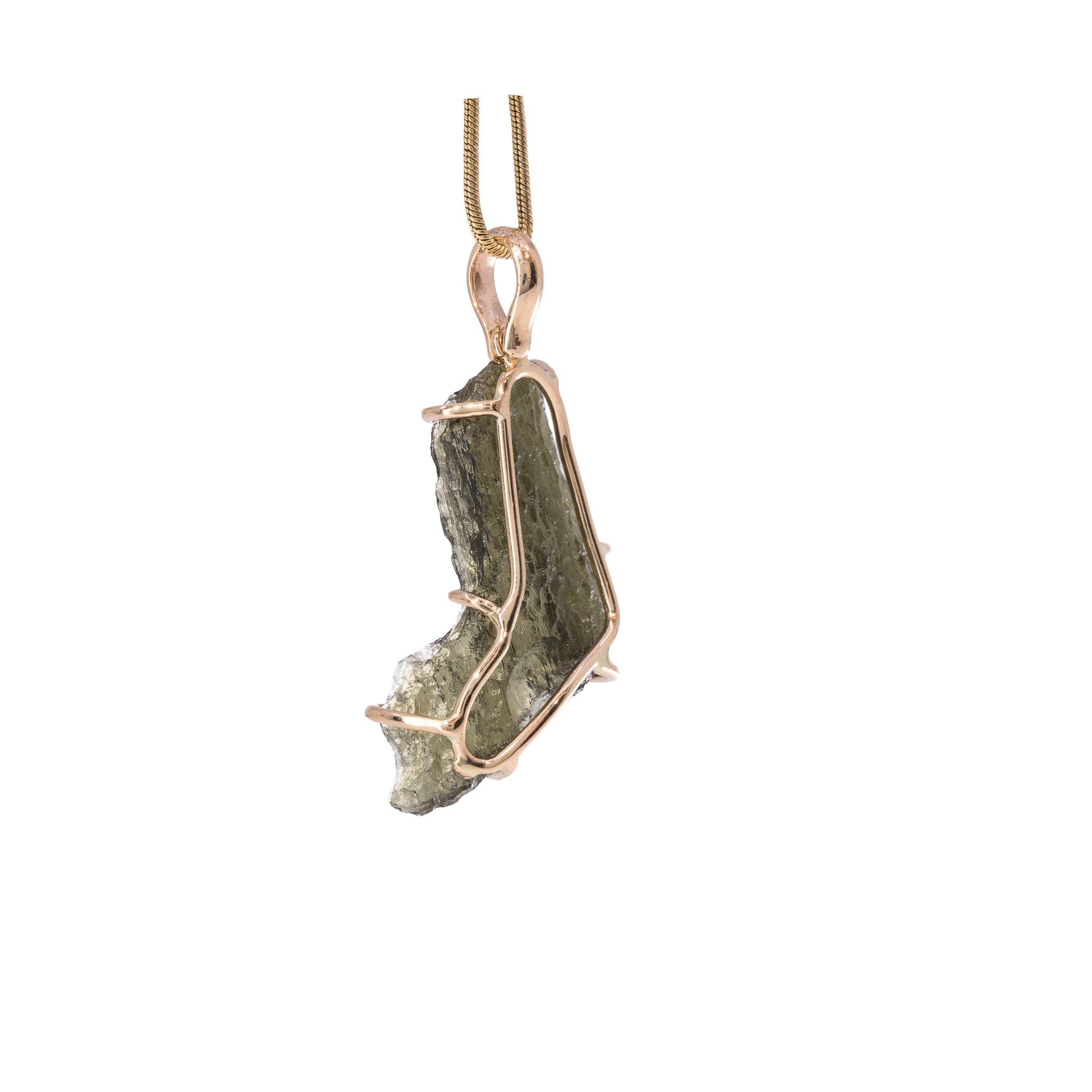 Back view of natural Moldavite pendant showing open 14K gold framework