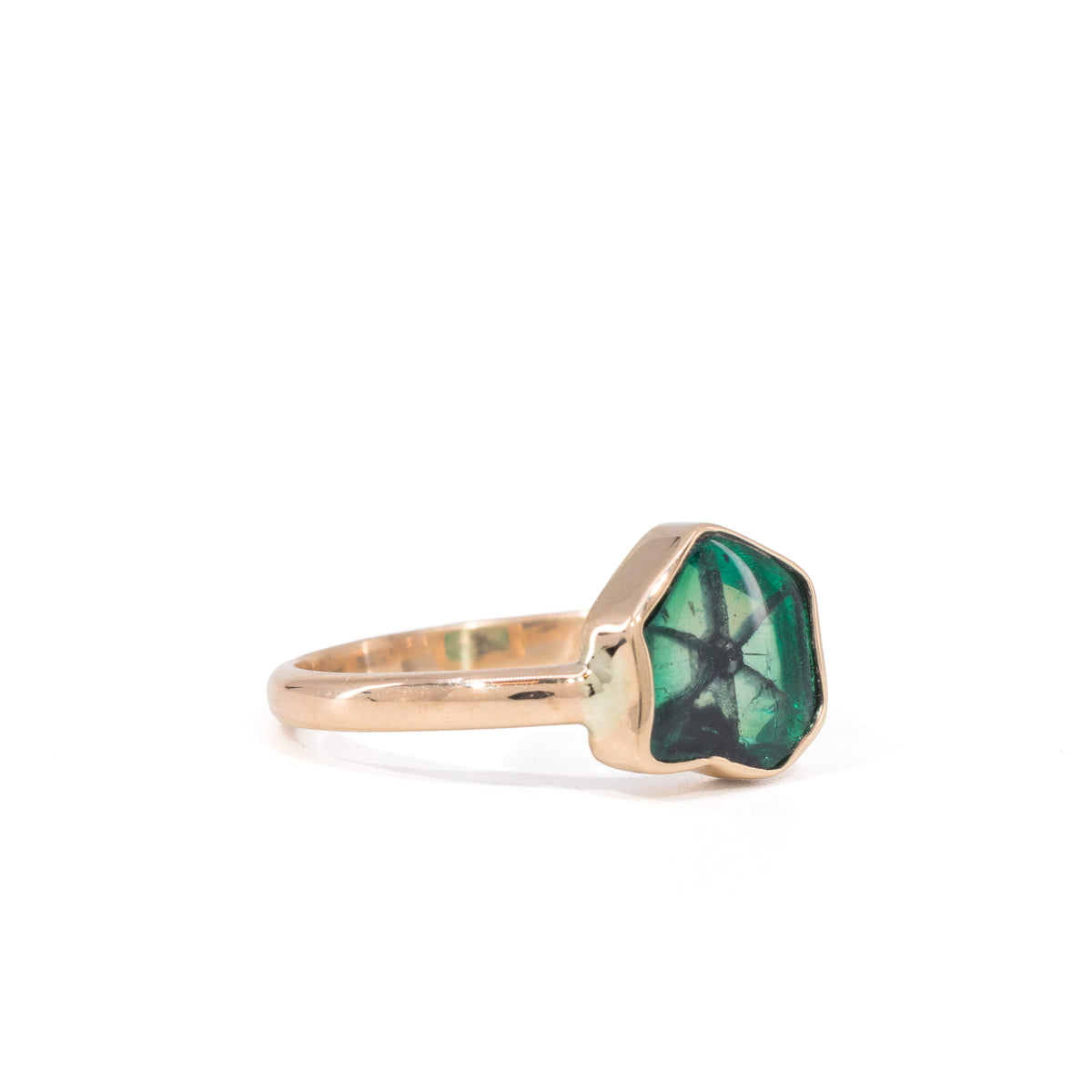 Trapiche Emerald gemstone ring in 14k gold, side view