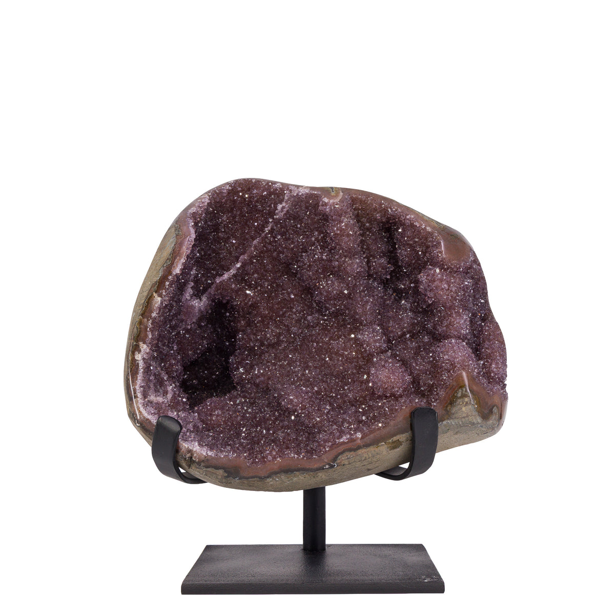 Wide Amethyst geode displayed on a black metal stand, front view