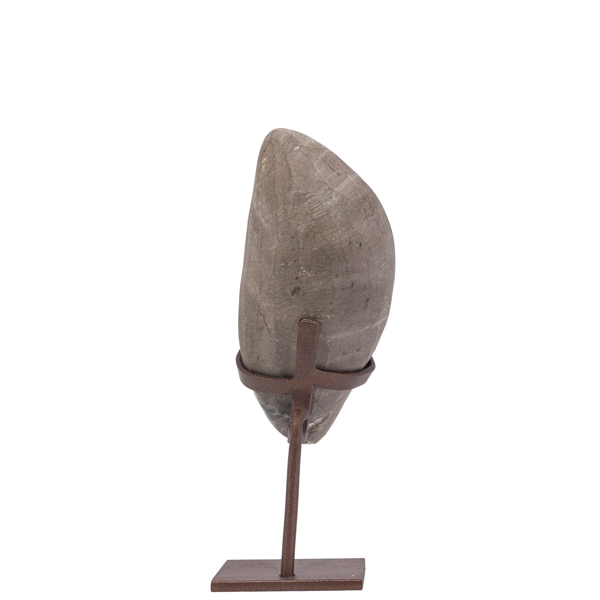 Sculptural Amethyst geode displayed on a bronze-tone metal stand, reverse view