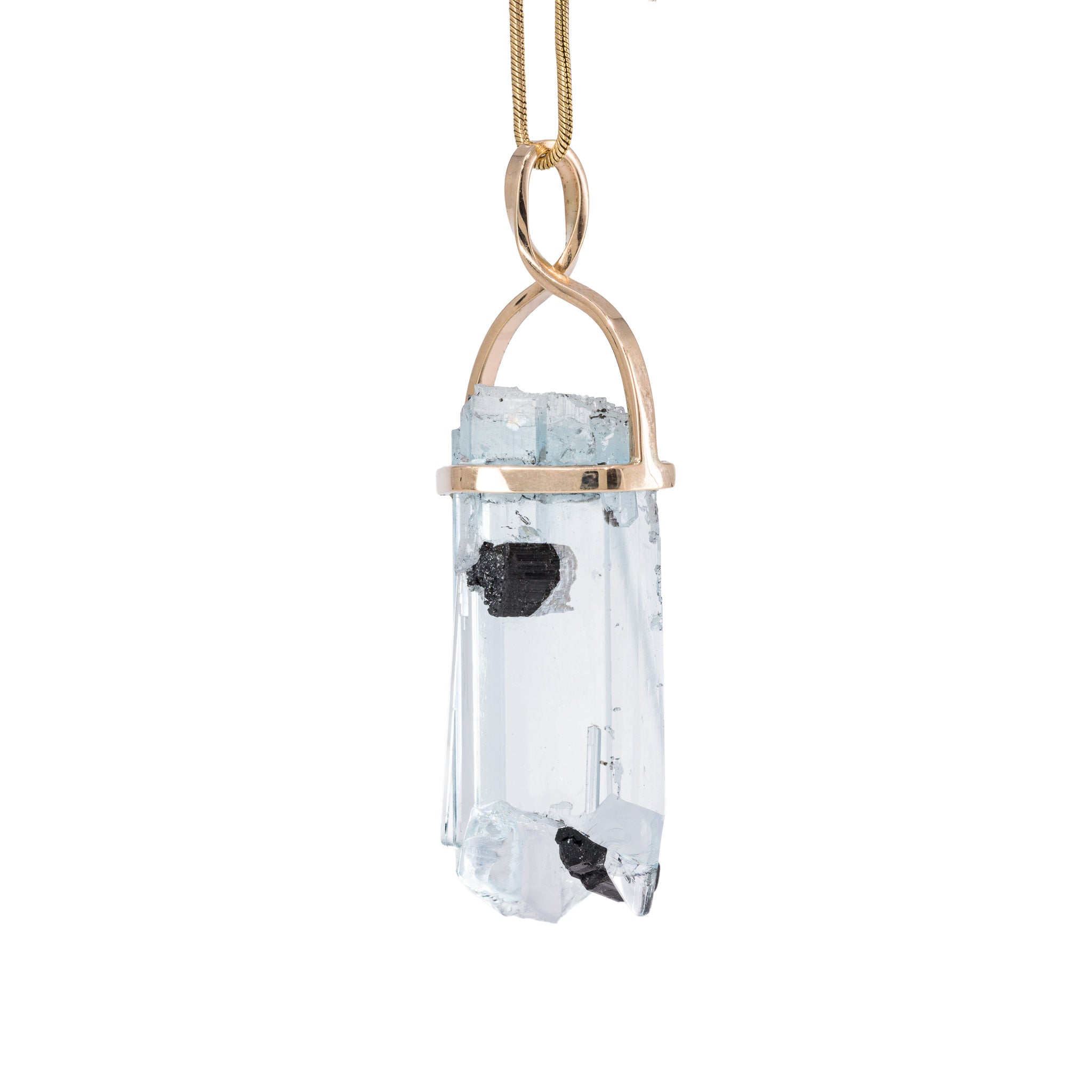 Reverse view of Aquamarine and Black Tourmaline crystal pendant in open 14K setting