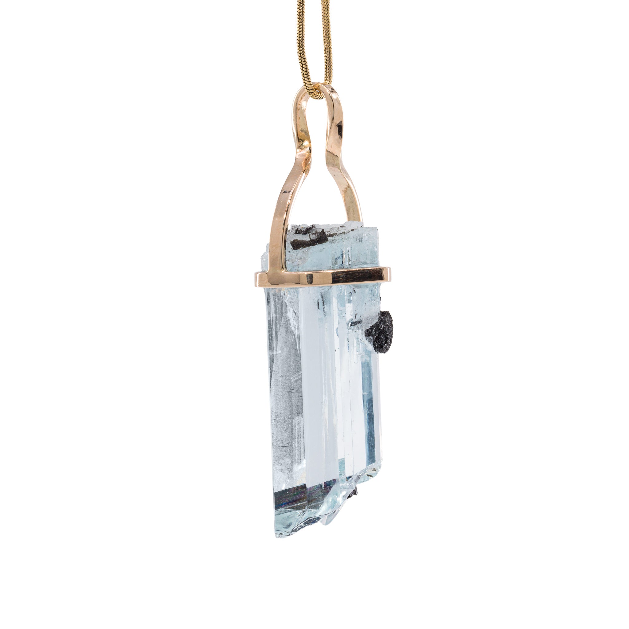 Side view of Aquamarine and Black Tourmaline natural crystal pendant
