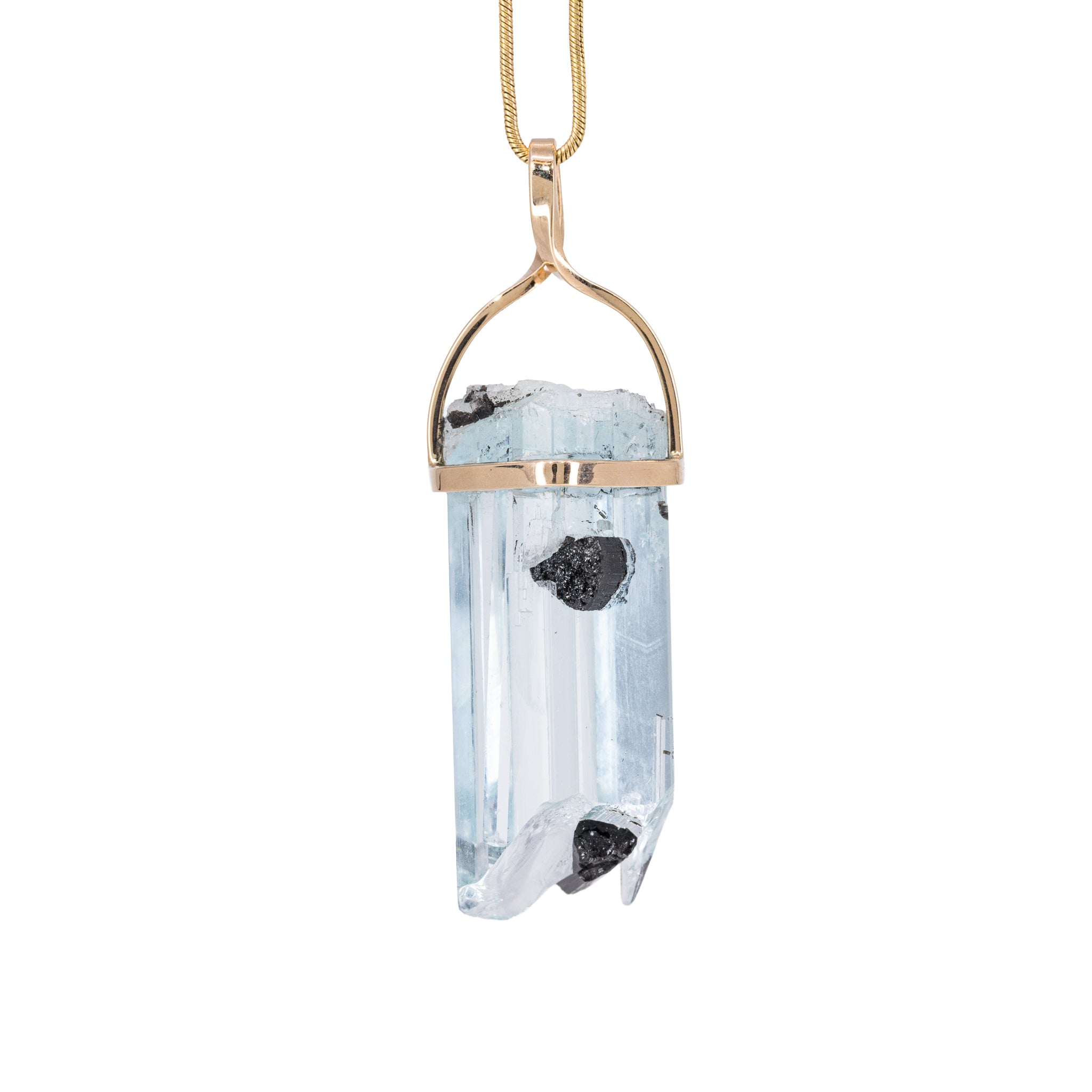 Front view of Aquamarine and Black Tourmaline natural crystal pendant in 14K