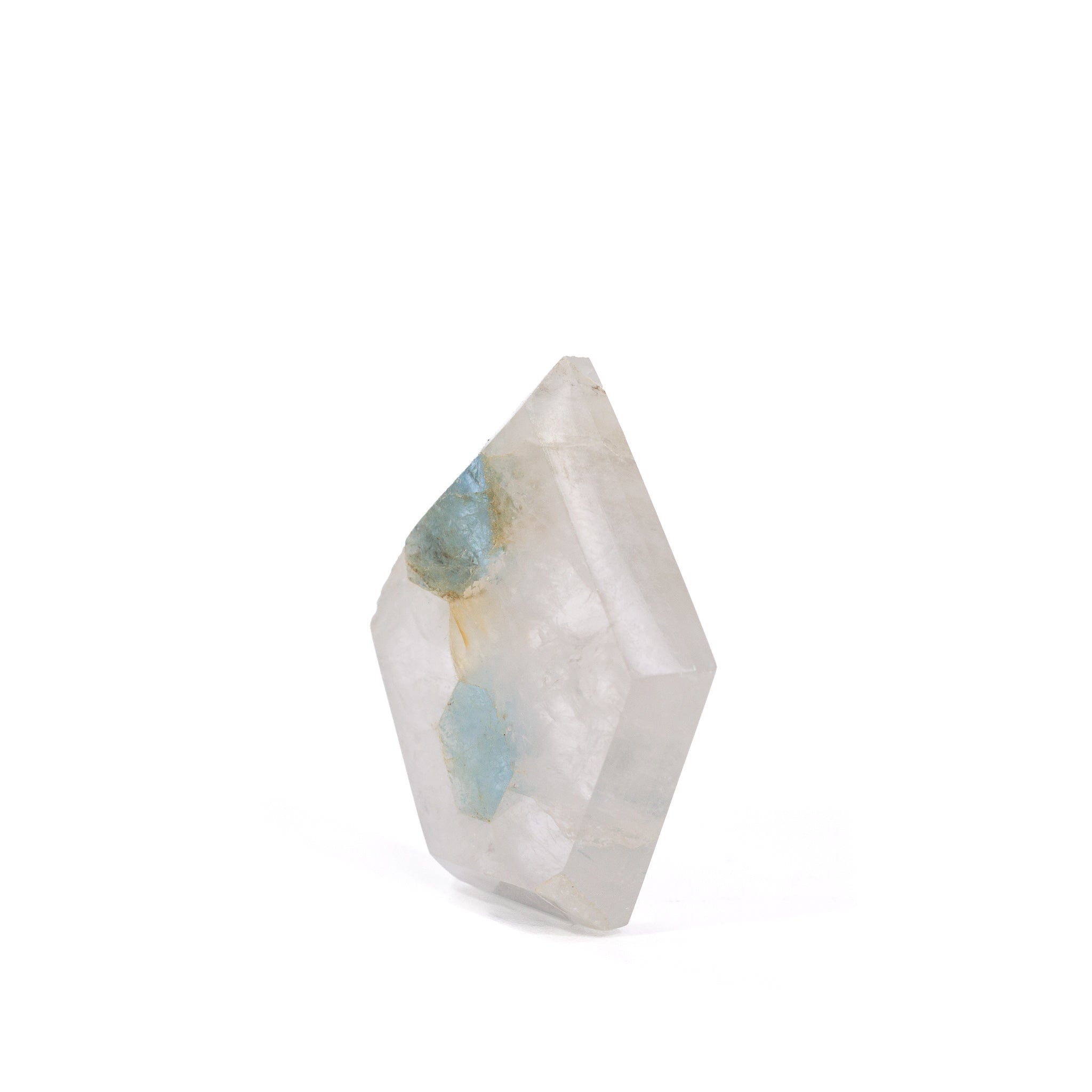Polished Quartz slice with two pale blue Aquamarine crystals, angled view