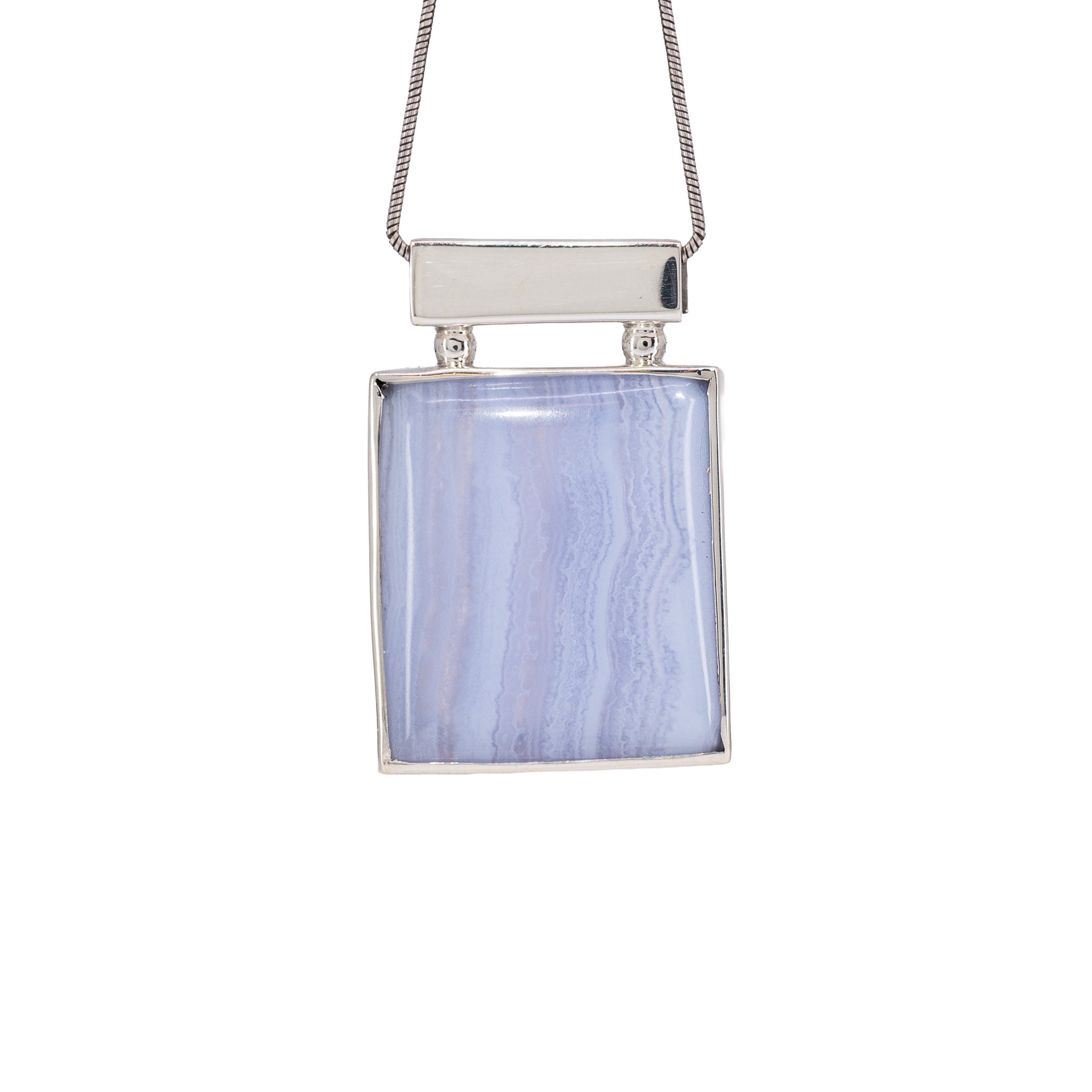Front view of Blue Lace Agate gemstone pendant in Sterling Silver
