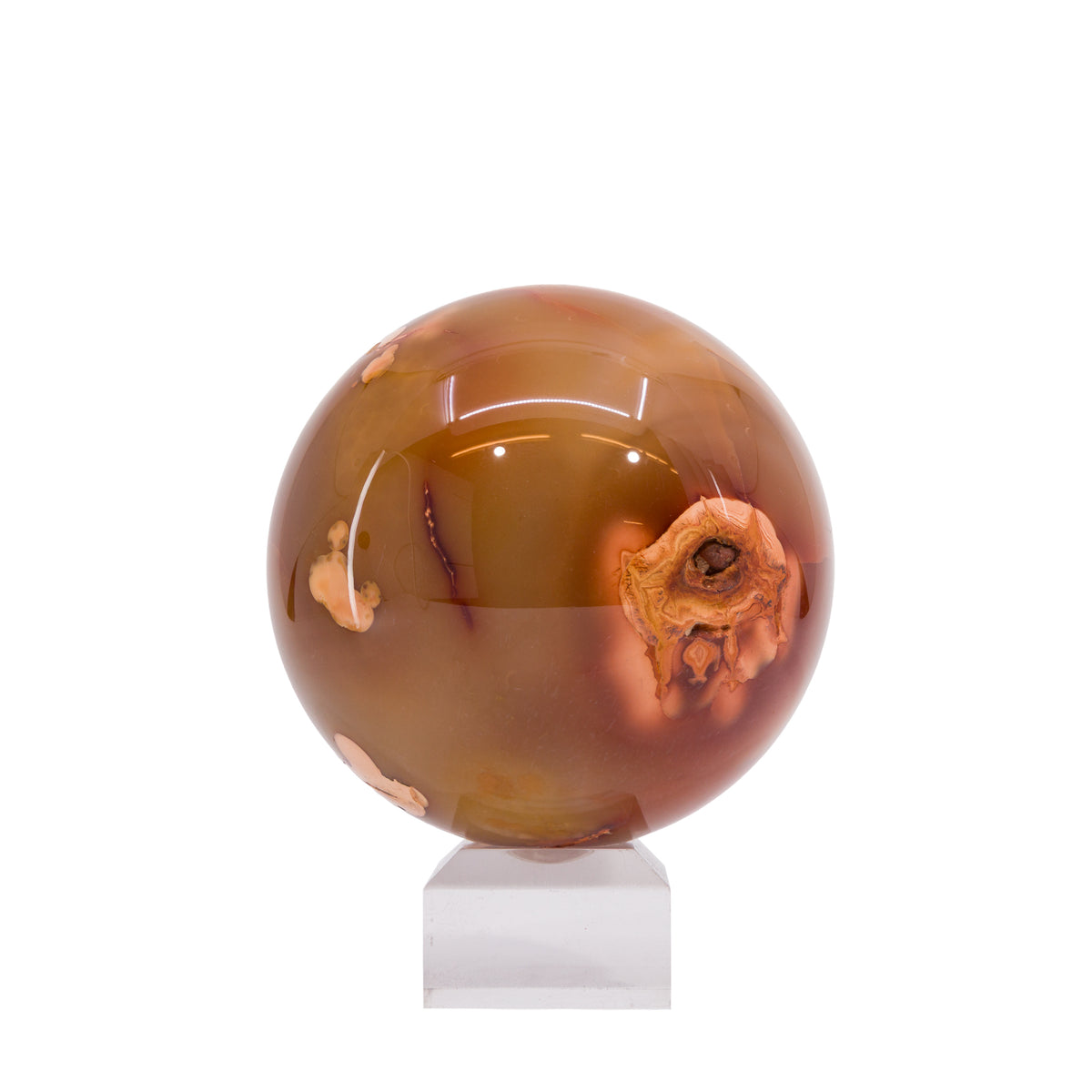 Carnelian 933 gram 3.4 inch polished crystal sphere, front view
