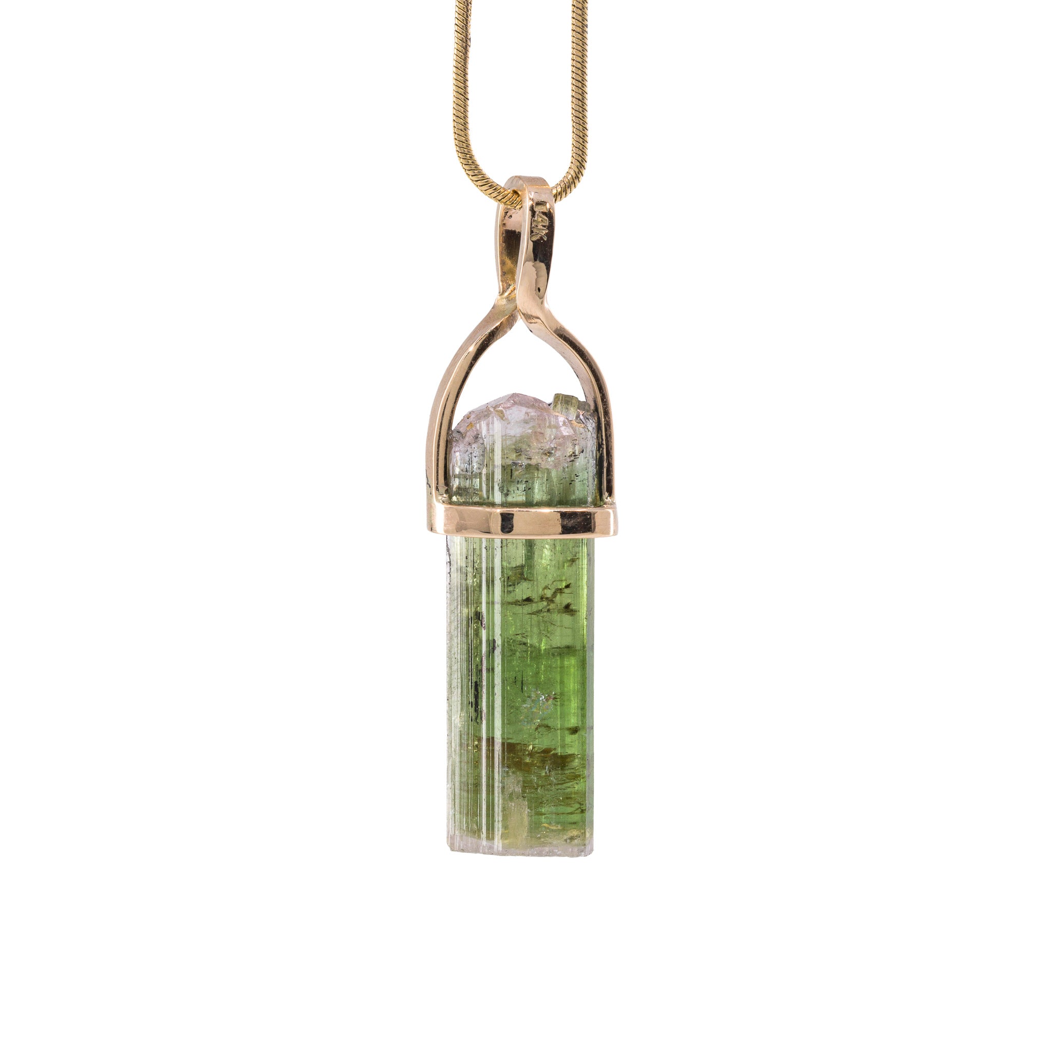 Alternate view of striated Green Tourmaline natural crystal pendant