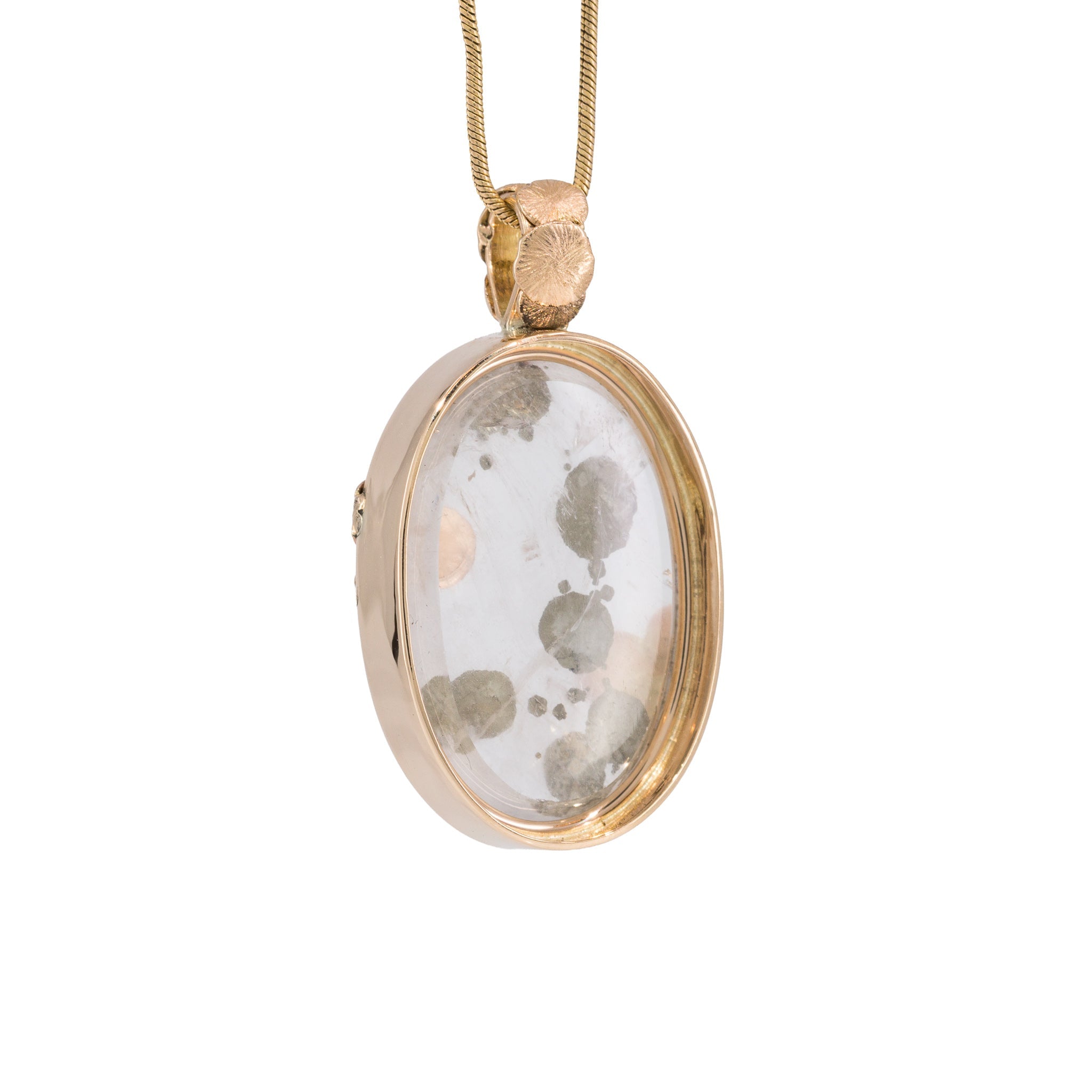 Back view of Marcasite Suns in Quartz pendant set in polished 14K gold