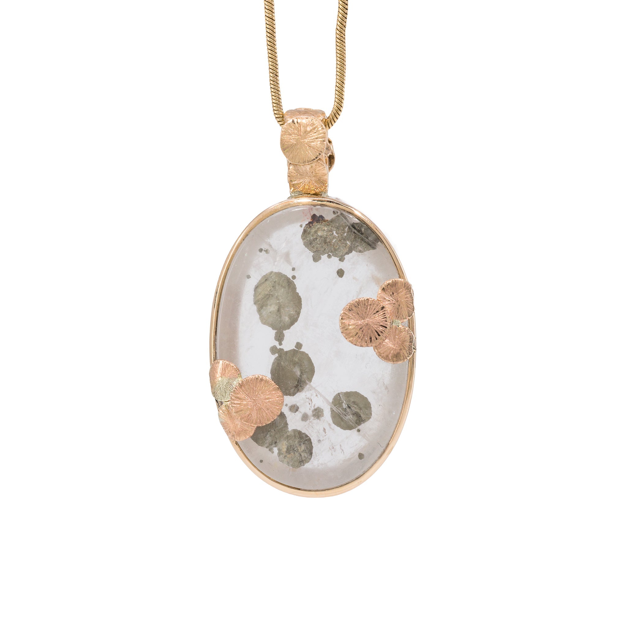 Front view of Marcasite Suns in Quartz pendant framed in handcrafted 14K gold