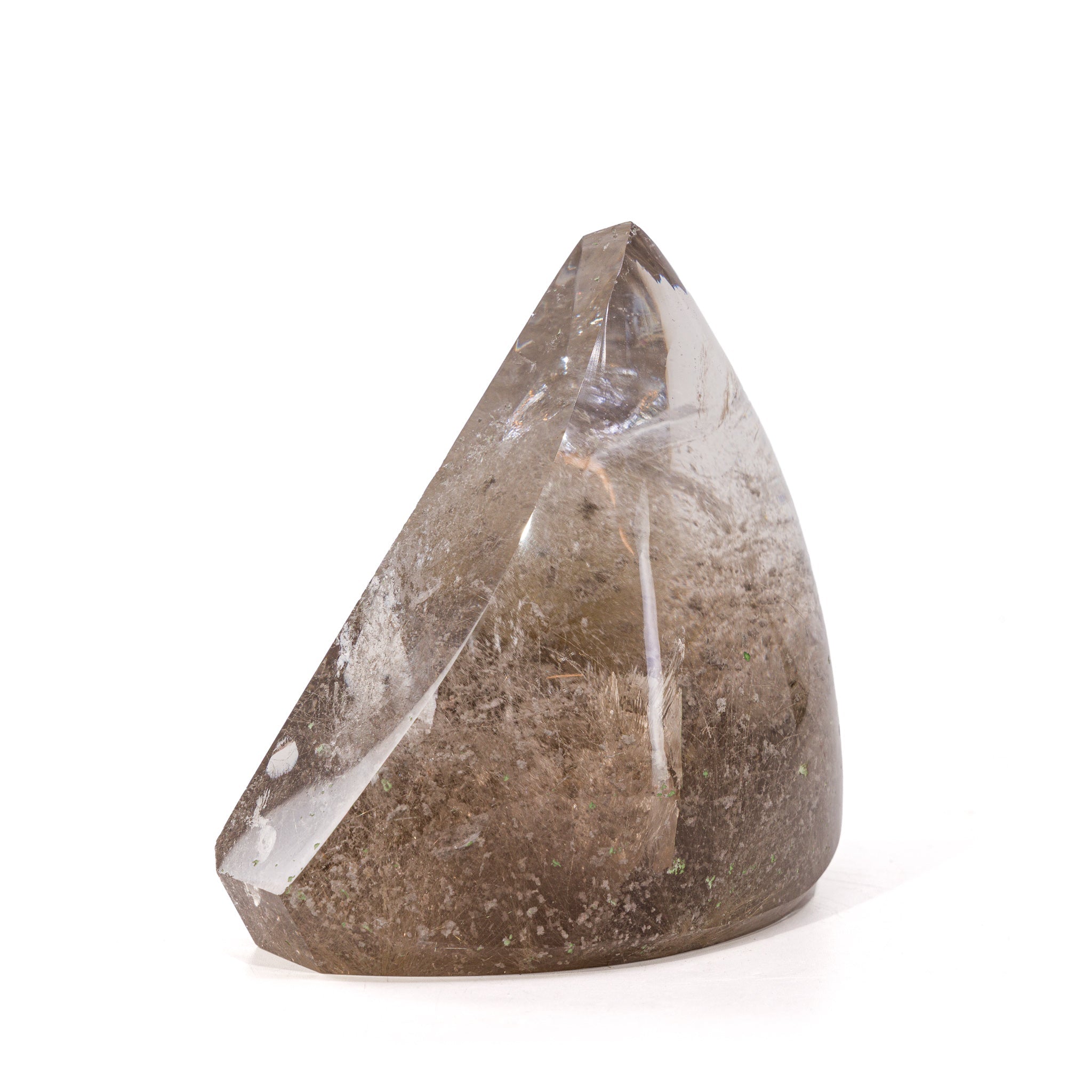 Angled view of polished Rutilated Quartz freeform showing its tapered profile