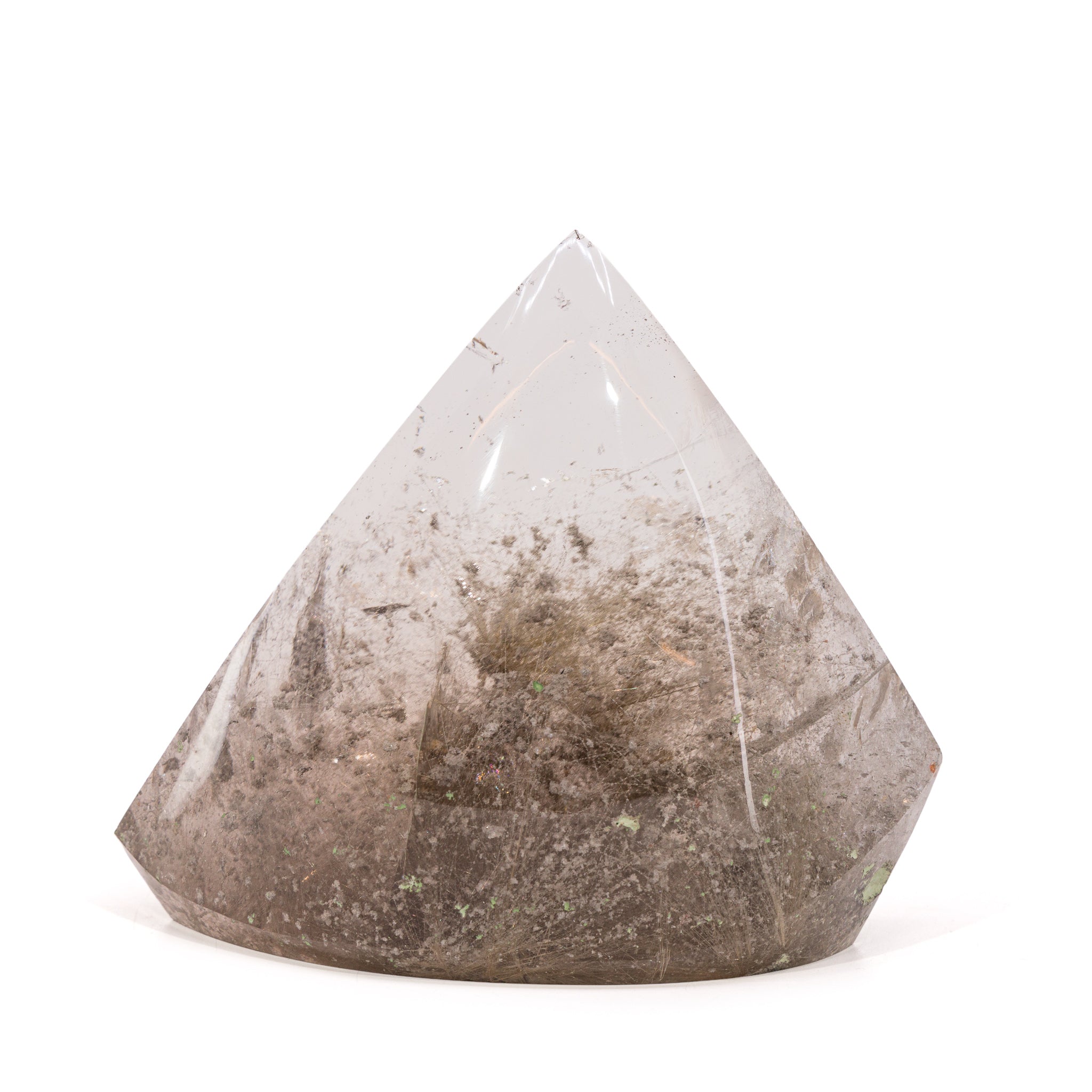 Front view of smoky-toned polished Rutilated Quartz freeform with dense needle inclusions