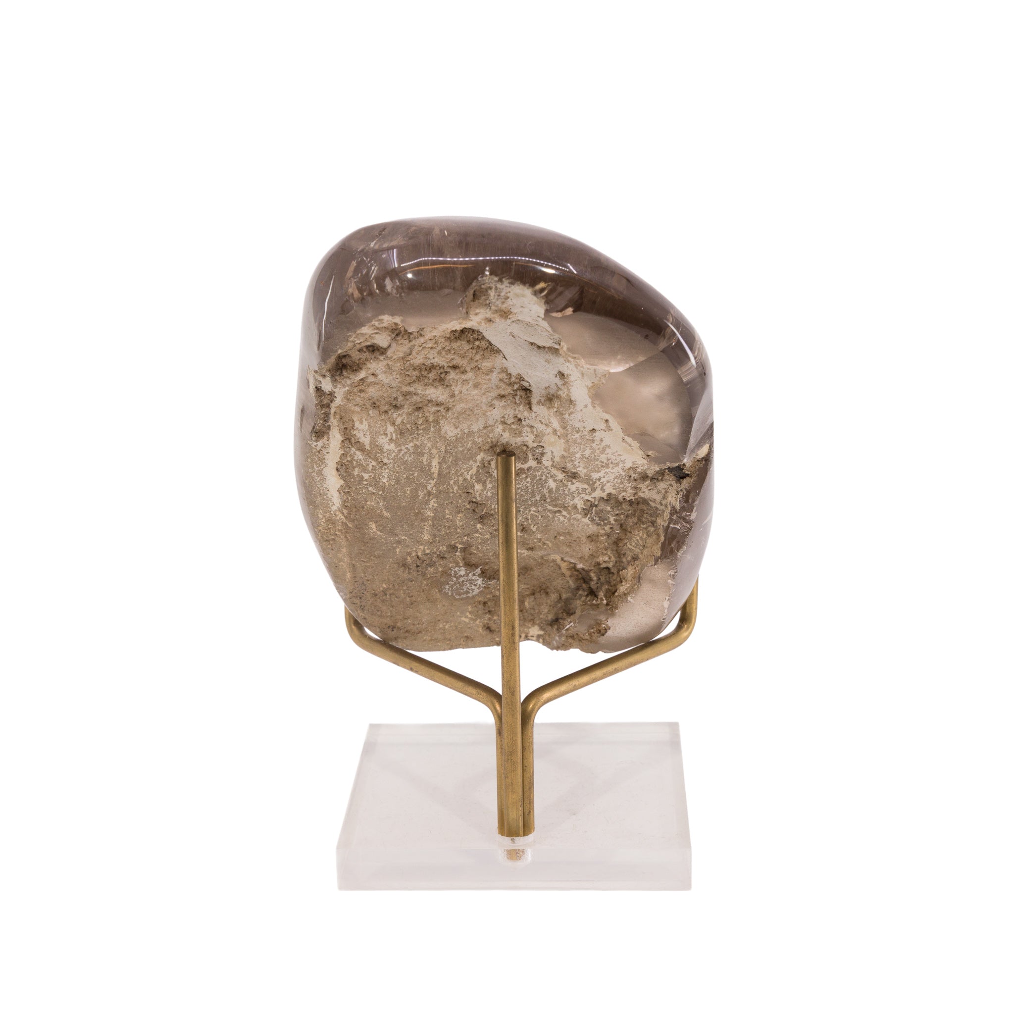 Back view of polished Rutilated Quartz freeform showing a broad natural matrix area