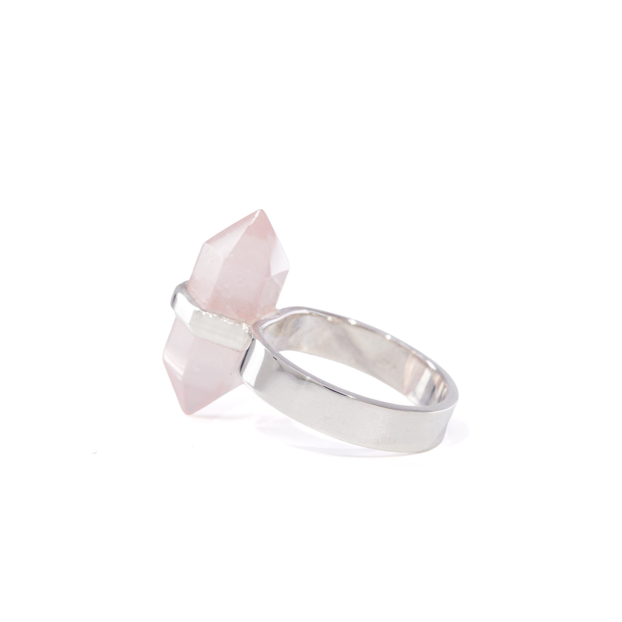 Three-quarter view of Rose Quartz double-terminated crystal ring
