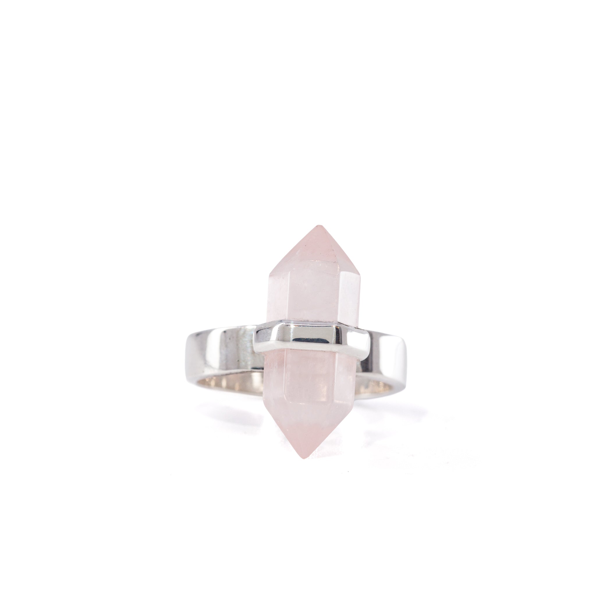 Front view of Rose Quartz polished crystal Sterling Silver ring JJO-214