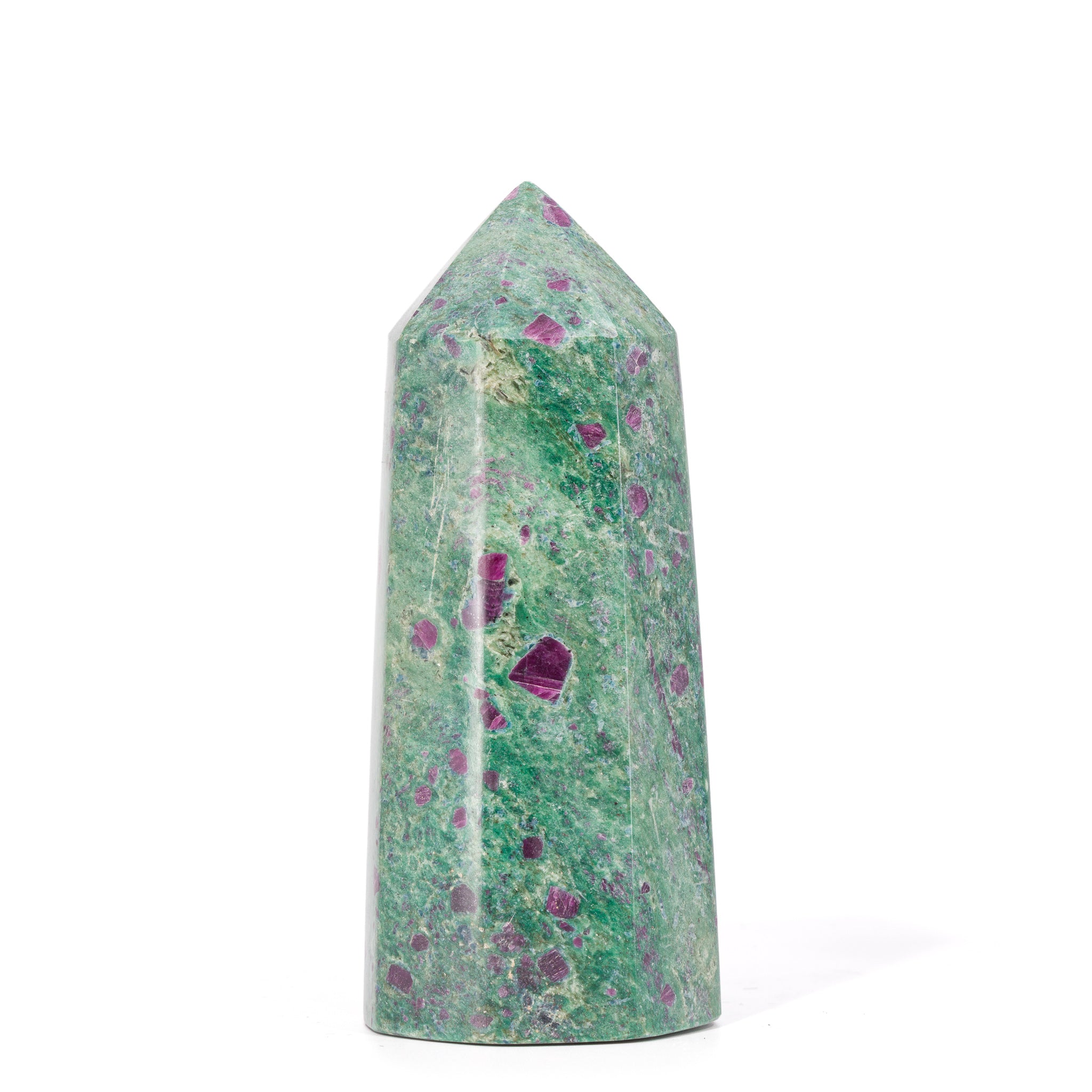 Ruby in Fuchsite tower with magenta ruby crystals in green matrix