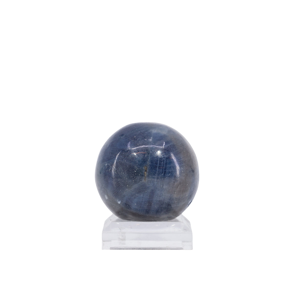 Indigo-blue Sapphire polished crystal sphere from India, front view