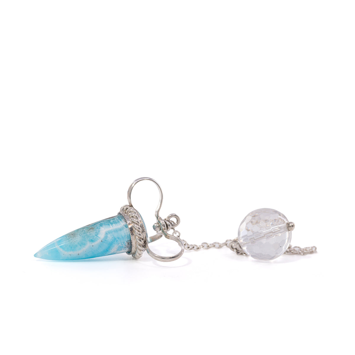 Reverse view of handcrafted Hemimorphite pendulum and chain