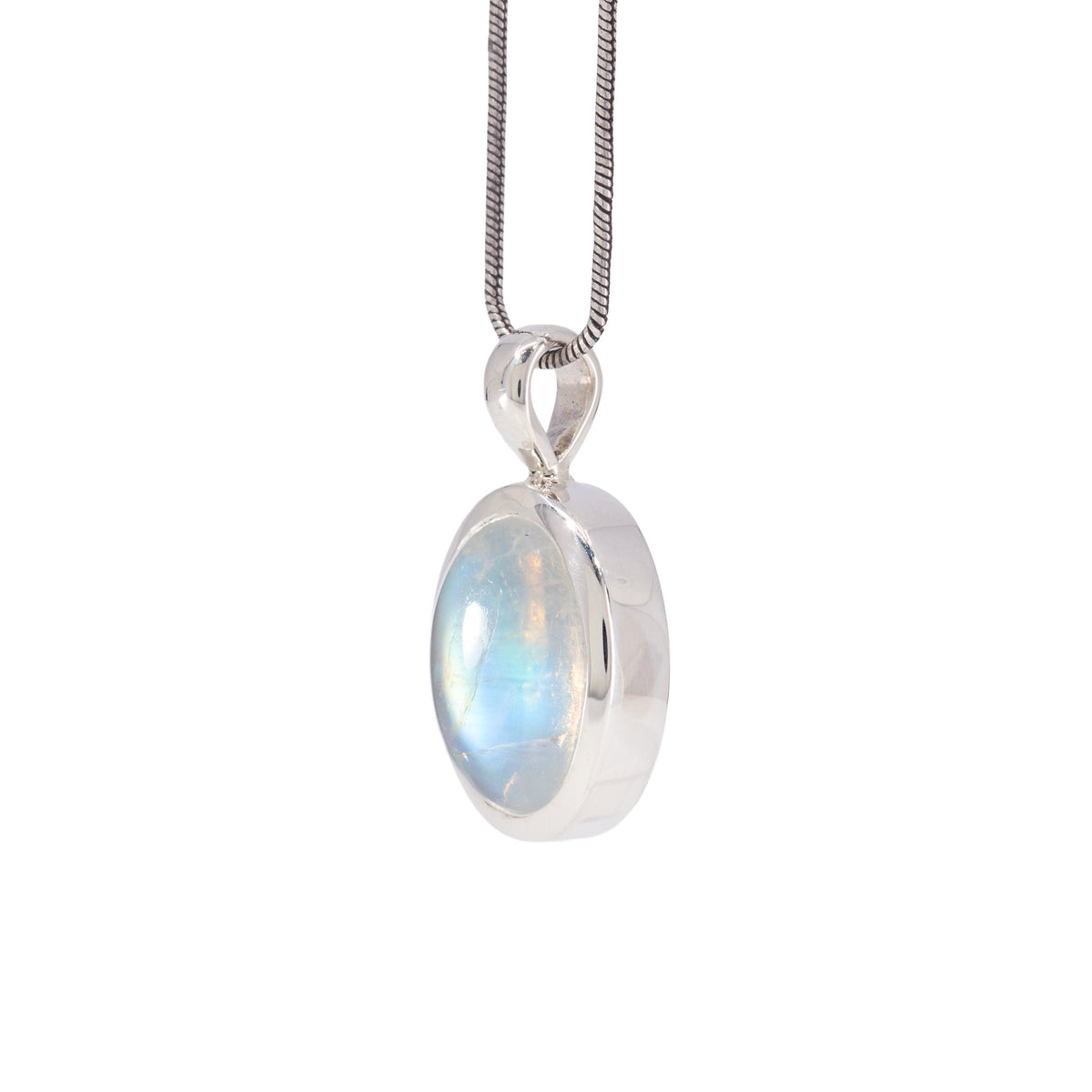Angled view of Sterling Silver Moonstone charm pendant showing the domed cabochon and bezel