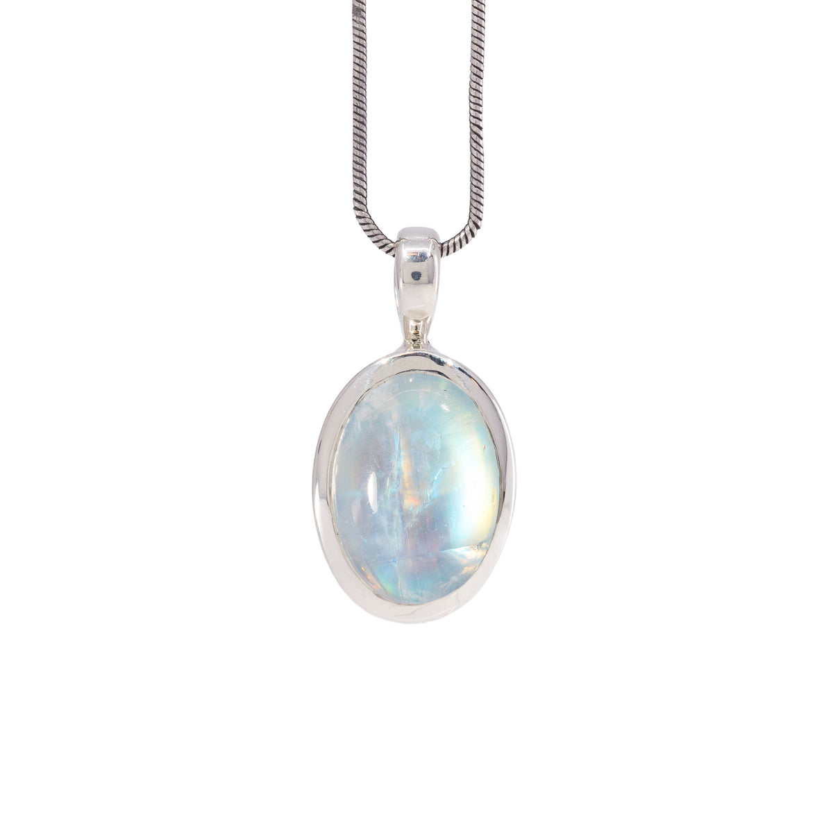 Oval Moonstone charm pendant in Sterling Silver with vivid blue and aqua flash