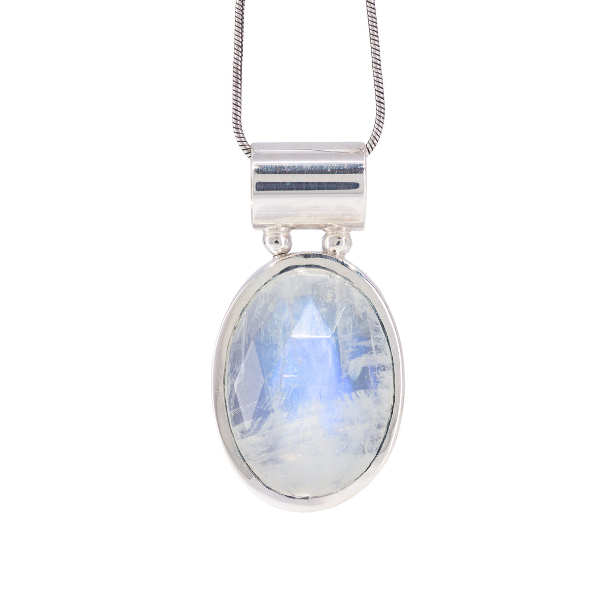 Rose cut Moonstone pendant in Sterling Silver with pale blue flash and broad faceting