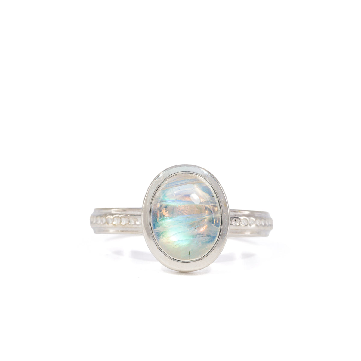 Front view of Sterling Silver Moonstone ring showing blue and aqua flash