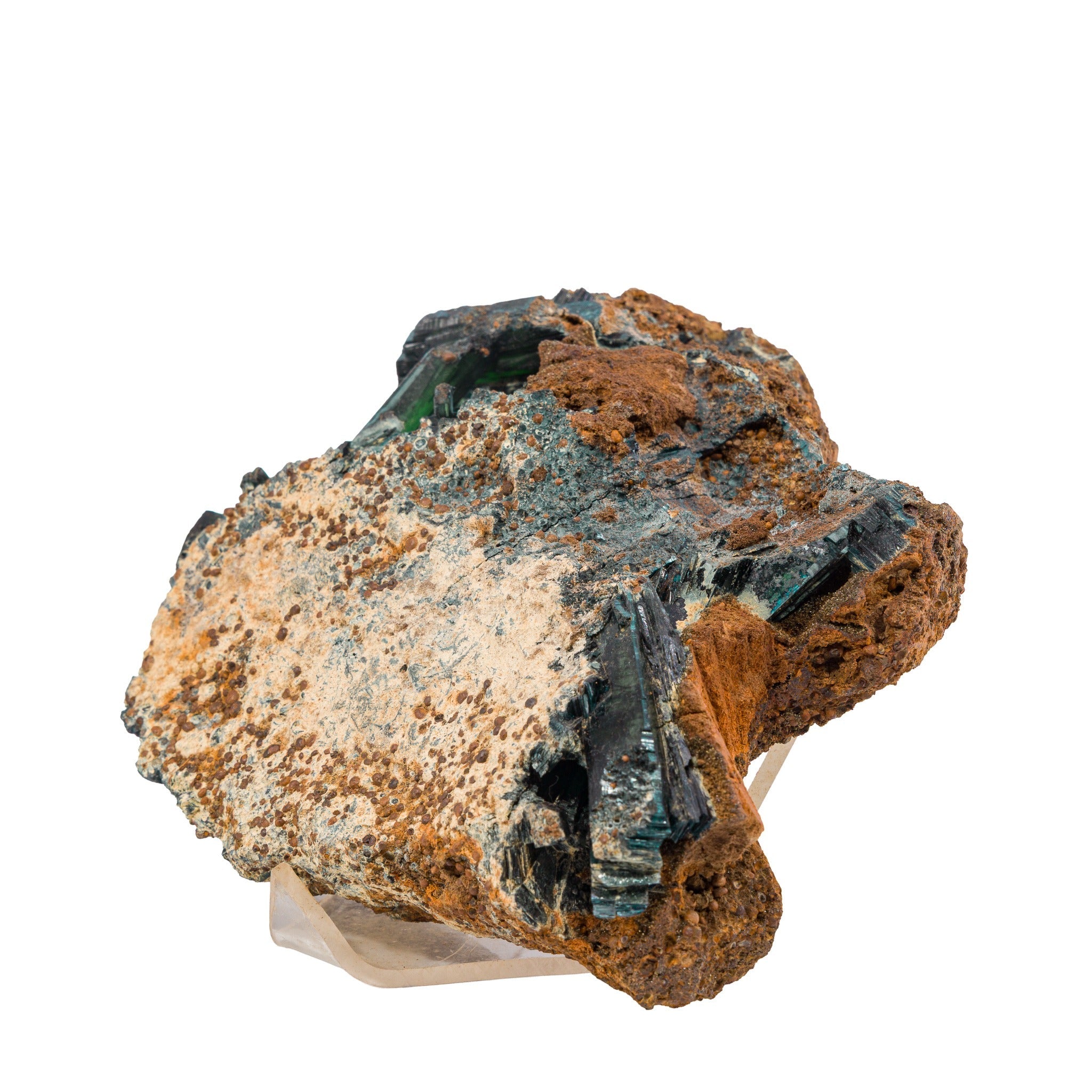 Side view of dark blue-green Vivianite crystals