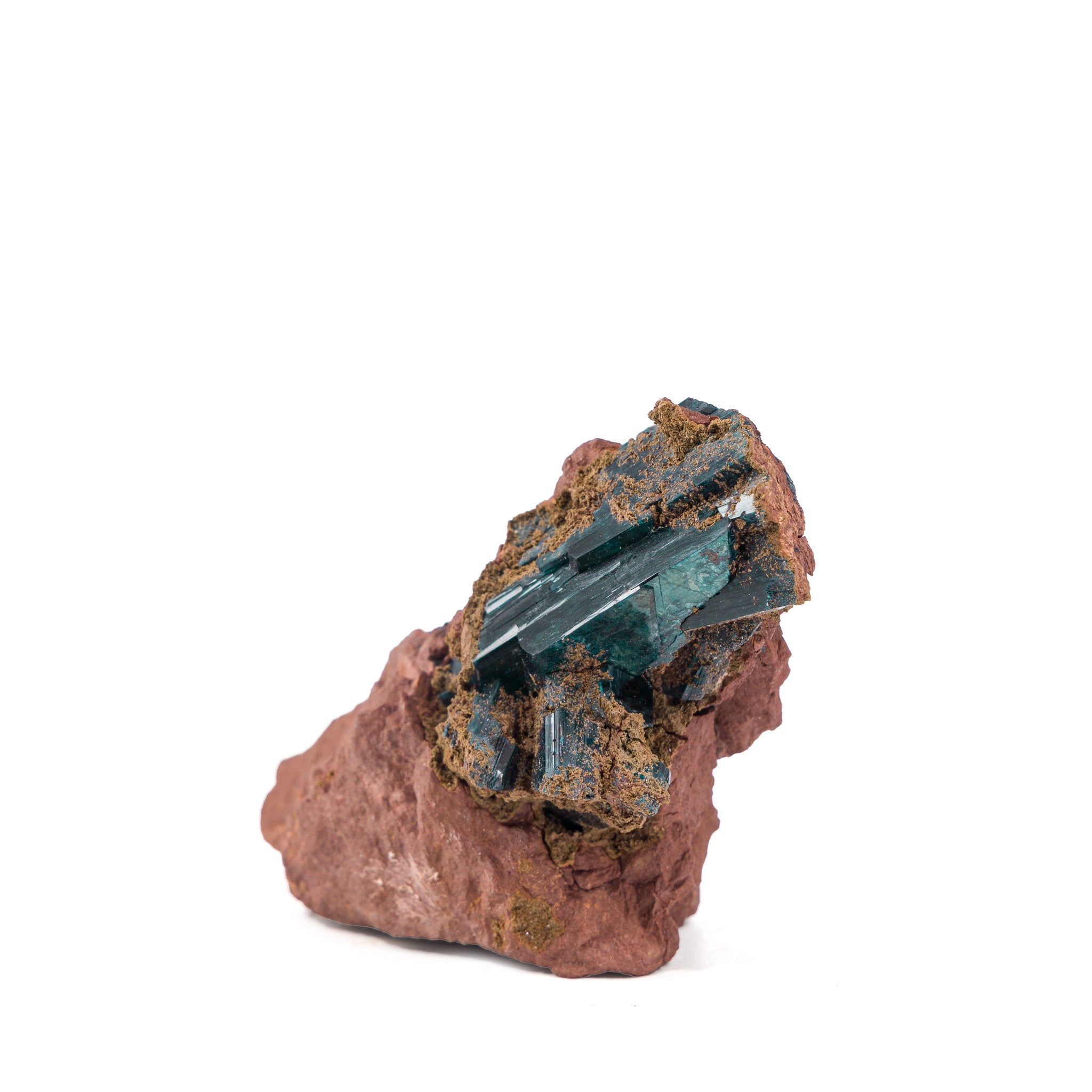 Close view of blue-green Vivianite crystals on matrix
