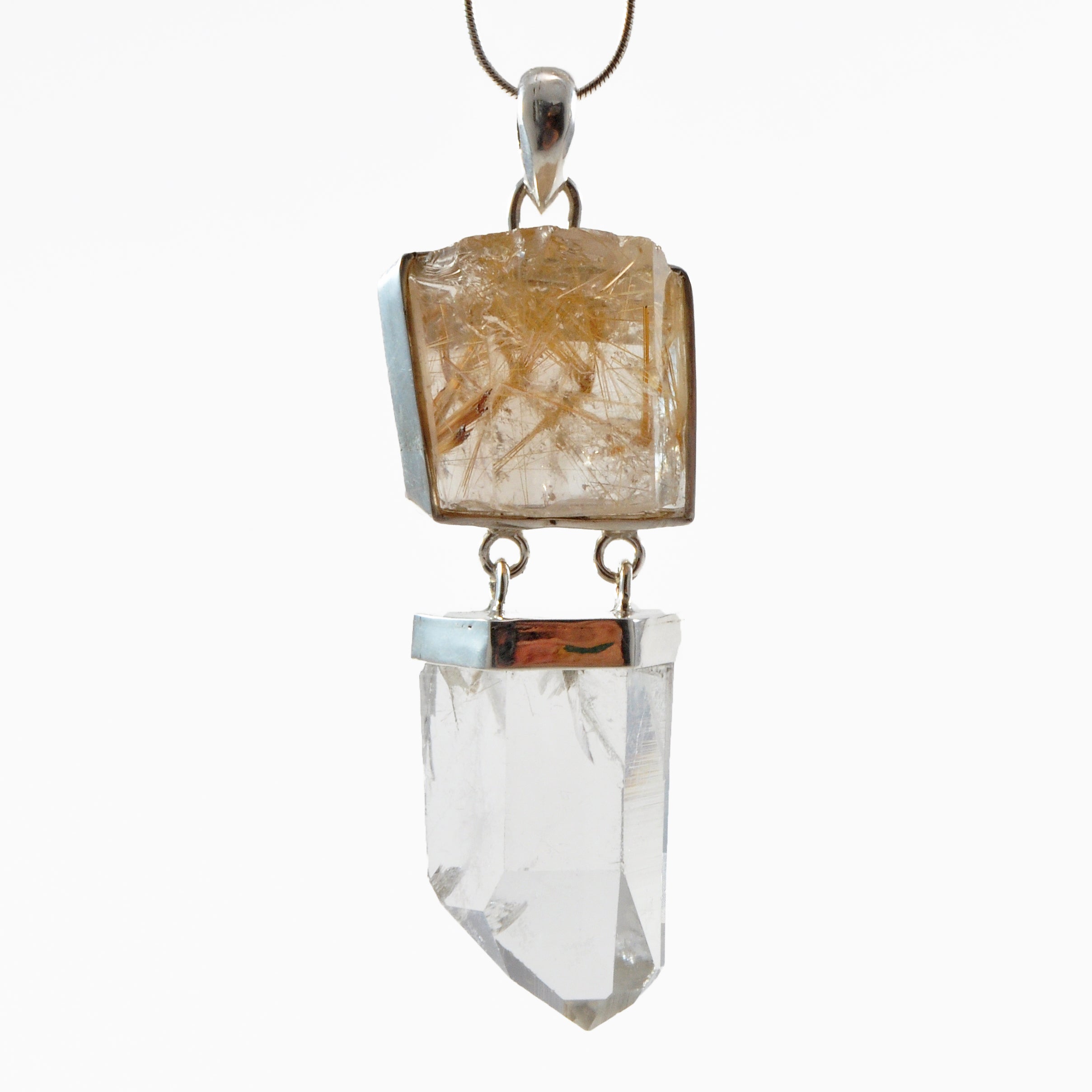 Rutilated Quartz & Clear Quartz Natural Crystal Sterling Silver Handcrafted Pendant - EEO-217 - Crystalarium