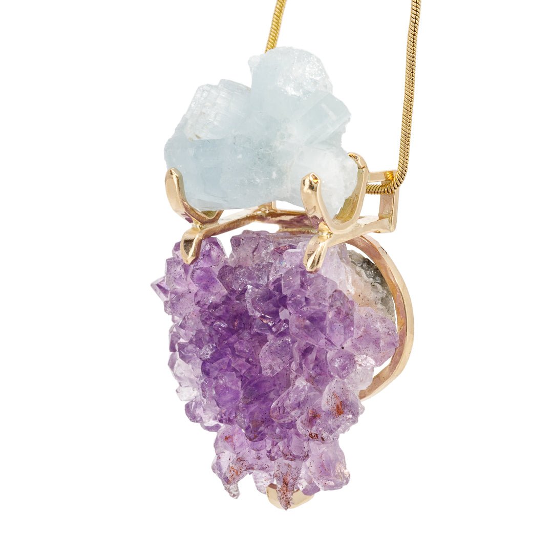 Amethyst 53.75 Carat with Aquamarine 14k Handcrafted Natural Crystal Pendant - KKO-215 - Crystalarium