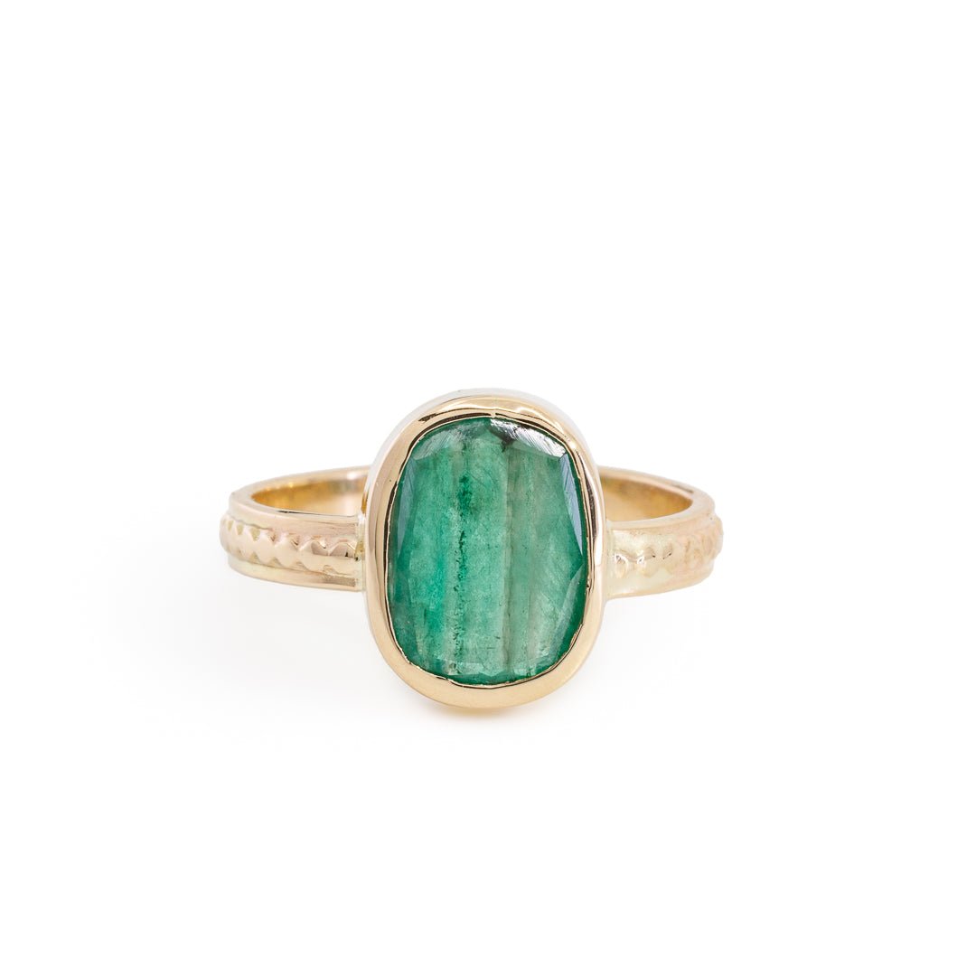Emerald 2 Carat Scissor Cut 14k Handcrafted Millgrain Band Gemstone Ring - KKO-102 - Crystalarium