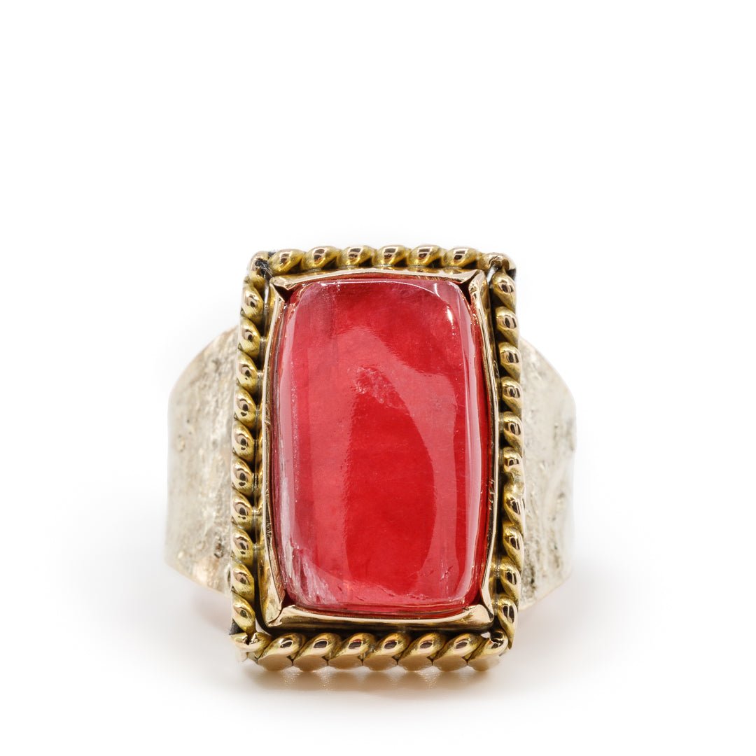 Gem Rhodonite 14.03 Carat Cabochon 14k Handcrafted Textured Band Ring - WO-212 - Crystalarium