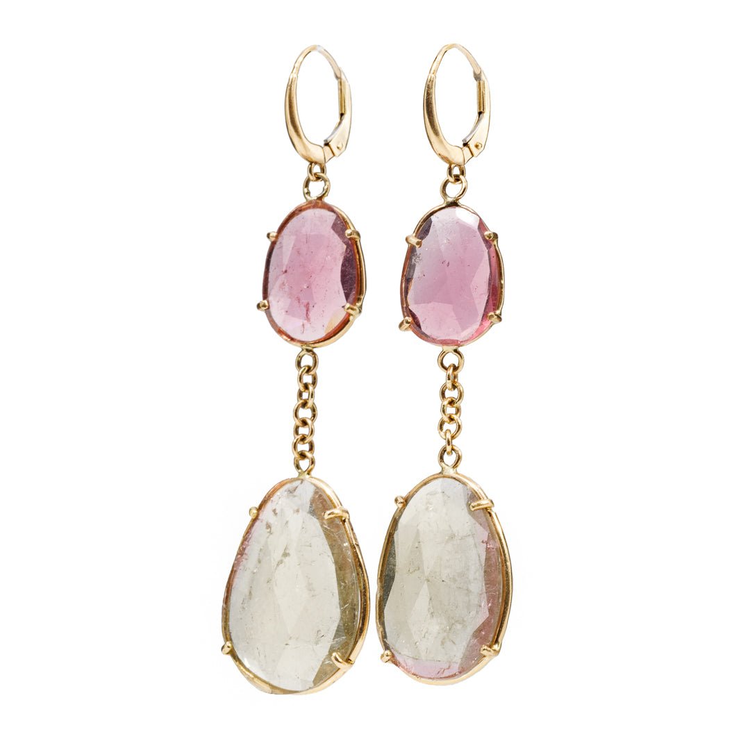 Pink and Green Tourmaline 21.44 mm 20.69 carats Rosecut 14K Handcrafted Gemstone Earrings - ZO-205 - Crystalarium