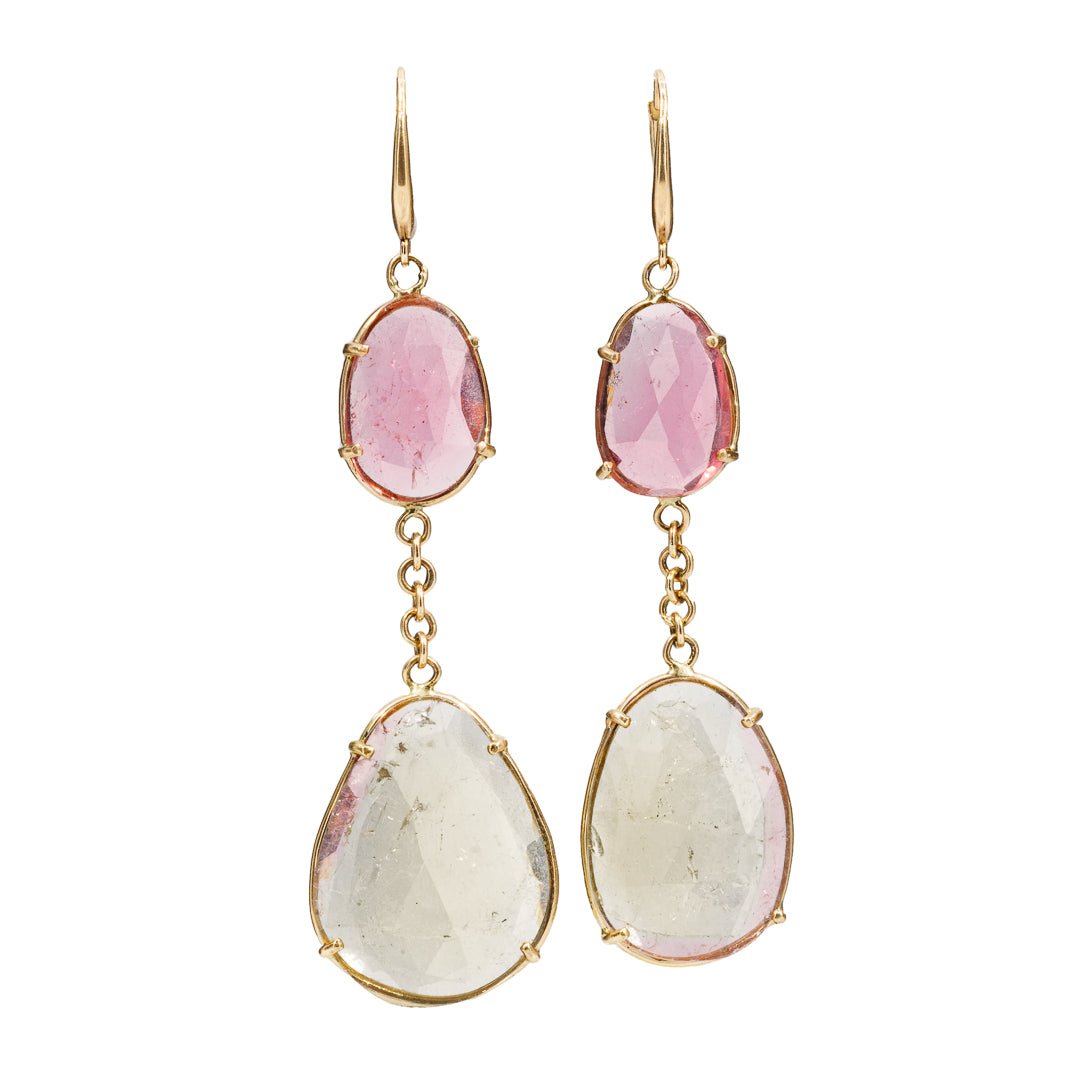 Pink and Green Tourmaline 21.44 mm 20.69 carats Rosecut 14K Handcrafted Gemstone Earrings - ZO-205 - Crystalarium