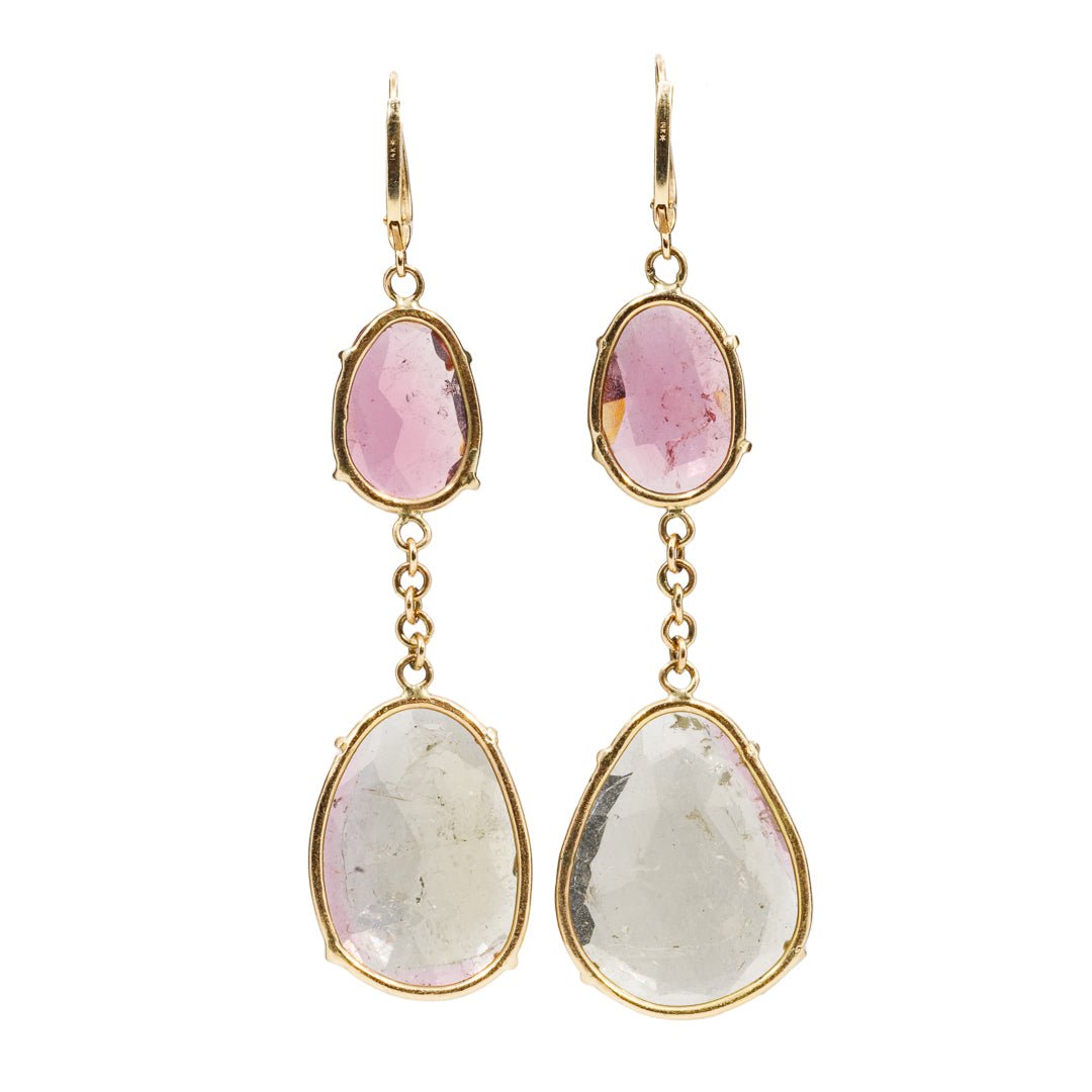Pink and Green Tourmaline 21.44 mm 20.69 carats Rosecut 14K Handcrafted Gemstone Earrings - ZO-205 - Crystalarium