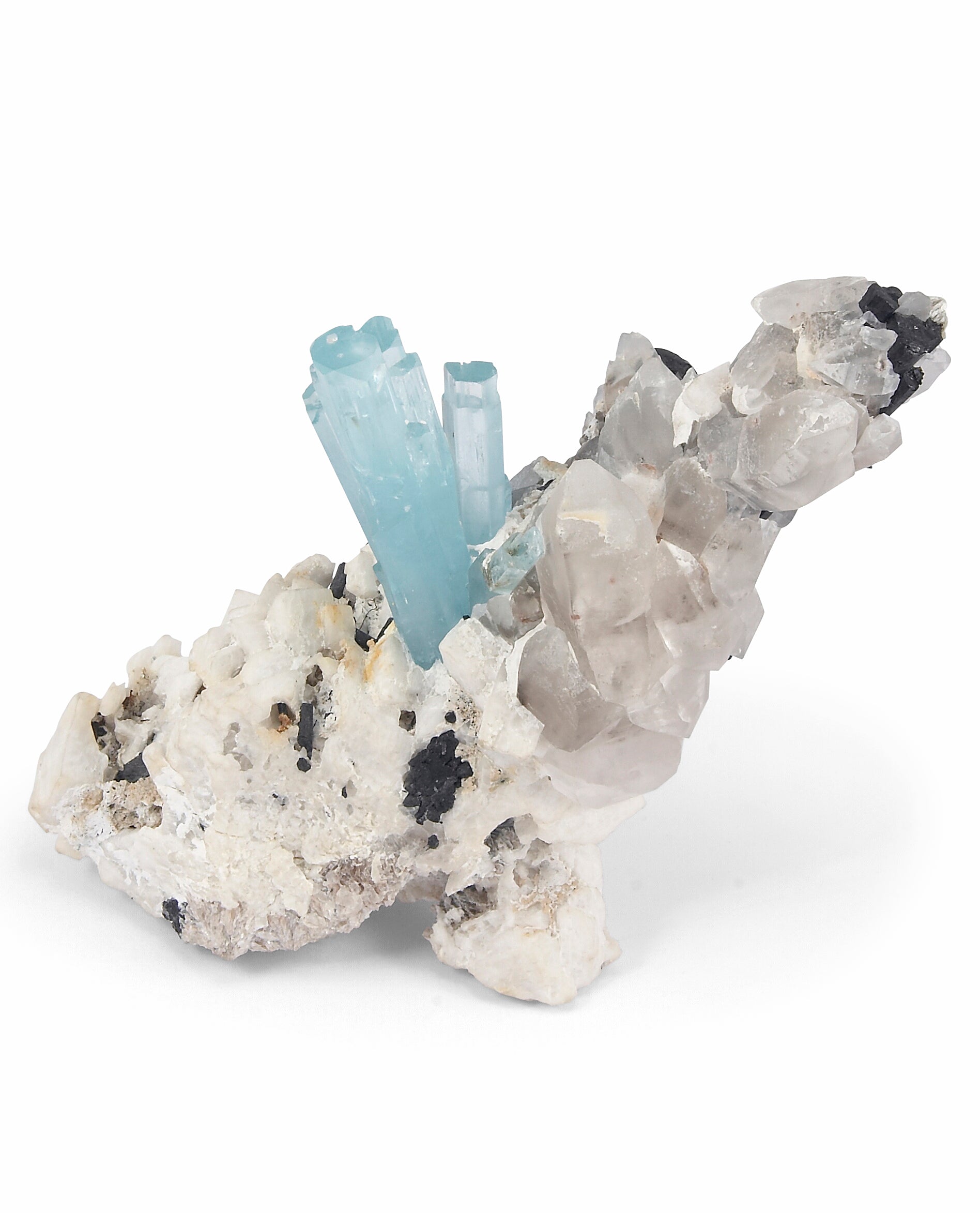 Aquamarine Spray 6.5 inch 2.23 lbs Natural Gem Crystal with Quartz and Black Tourmaline - MSCON-128 - Crystalarium