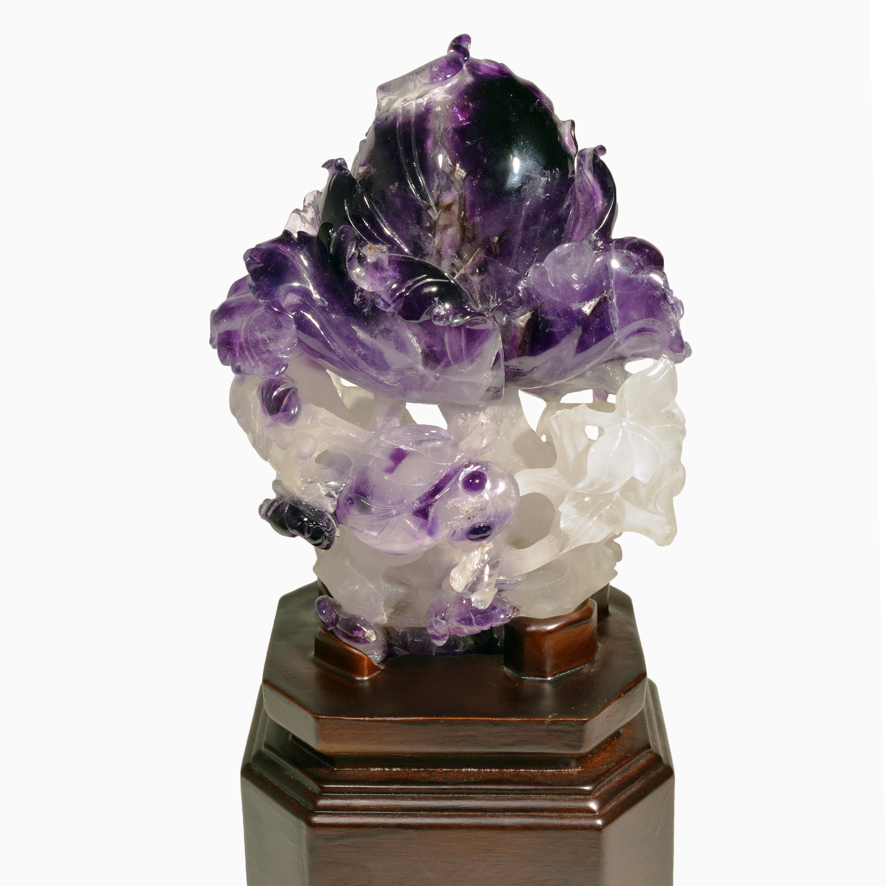 Amethyst 12 inch 6.35 lbs Natural Crystal Iris Gemstone Carving on Custom Wooden Base - China - CCF-001 - Crystalarium