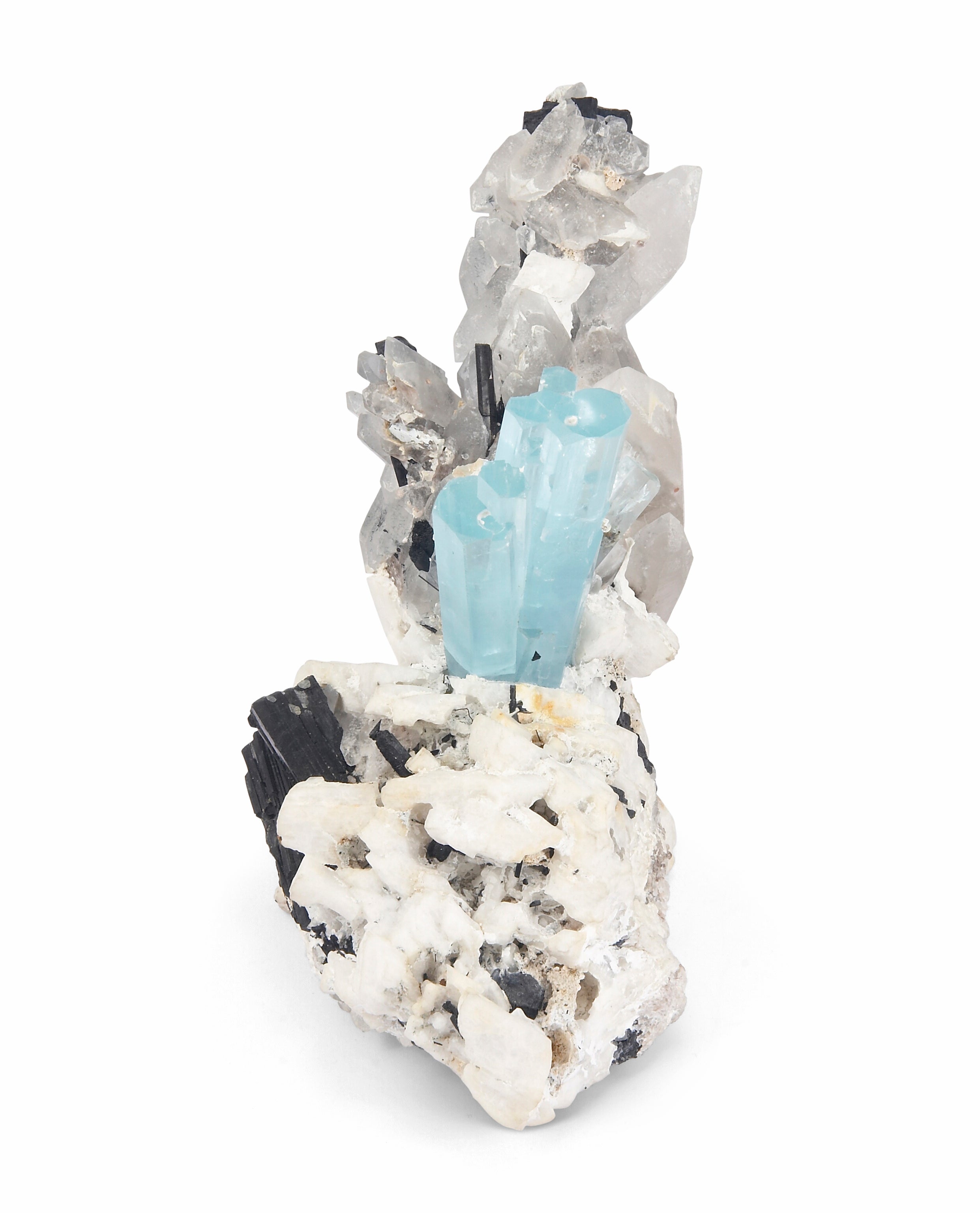 Aquamarine Spray 6.5 inch 2.23 lbs Natural Gem Crystal with Quartz and Black Tourmaline - MSCON-128 - Crystalarium