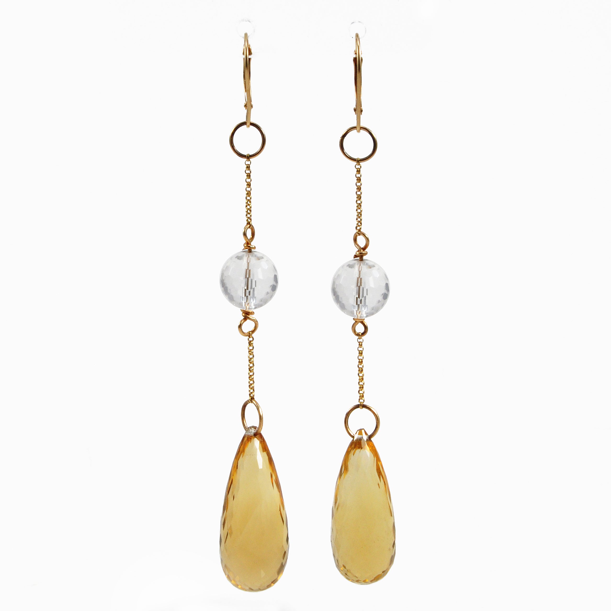 Citrine with Quartz 91.44mm 53.44 ct Faceted Briolette Handcrafted 14K Gemstone Earrings - ZO-213 - Crystalarium