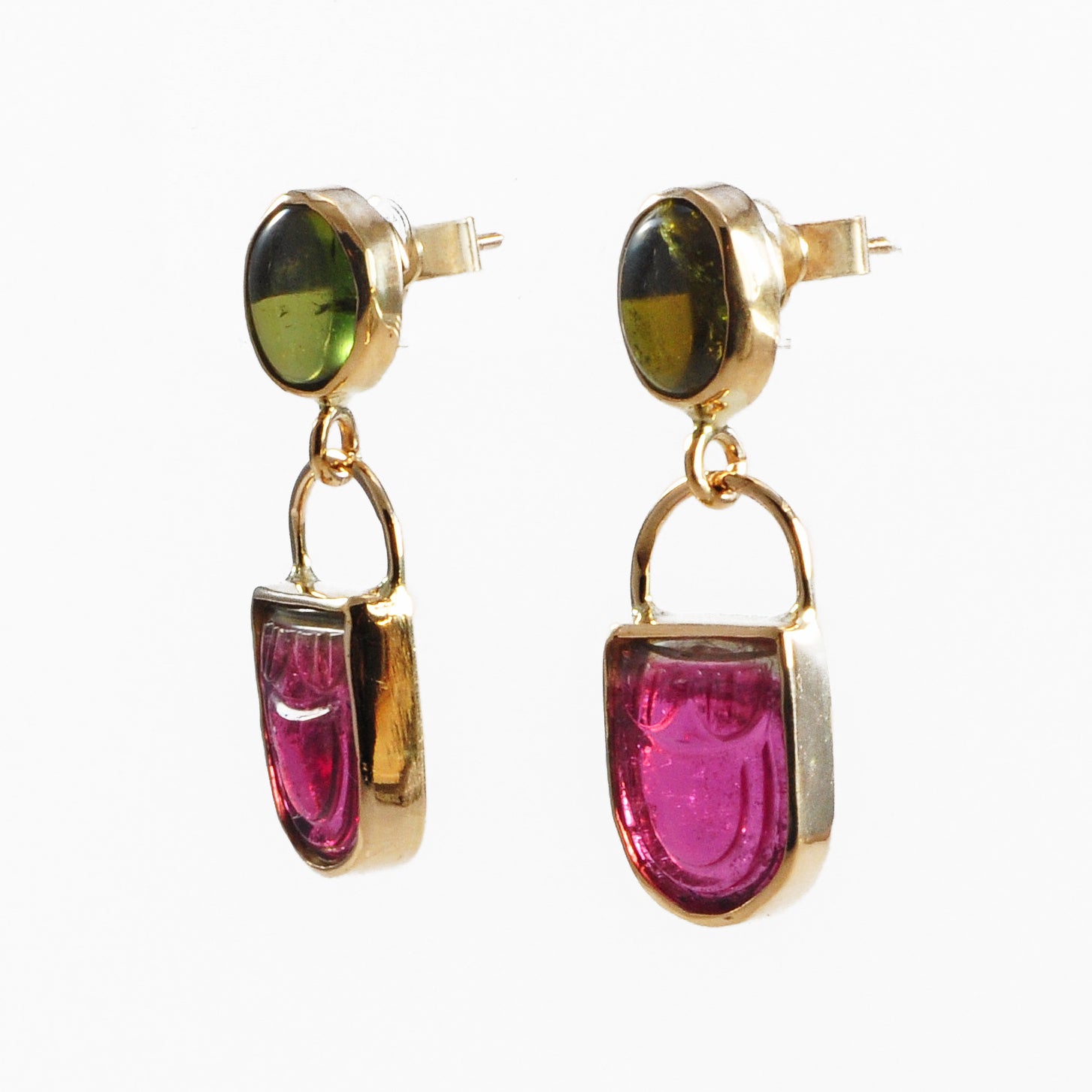 Bi-Color Tourmaline 6.02 ct with Green Tourmaline 2.68 ct Handcrafted 14K Carved Gemstone Earrings - FFO-053 - Crystalarium