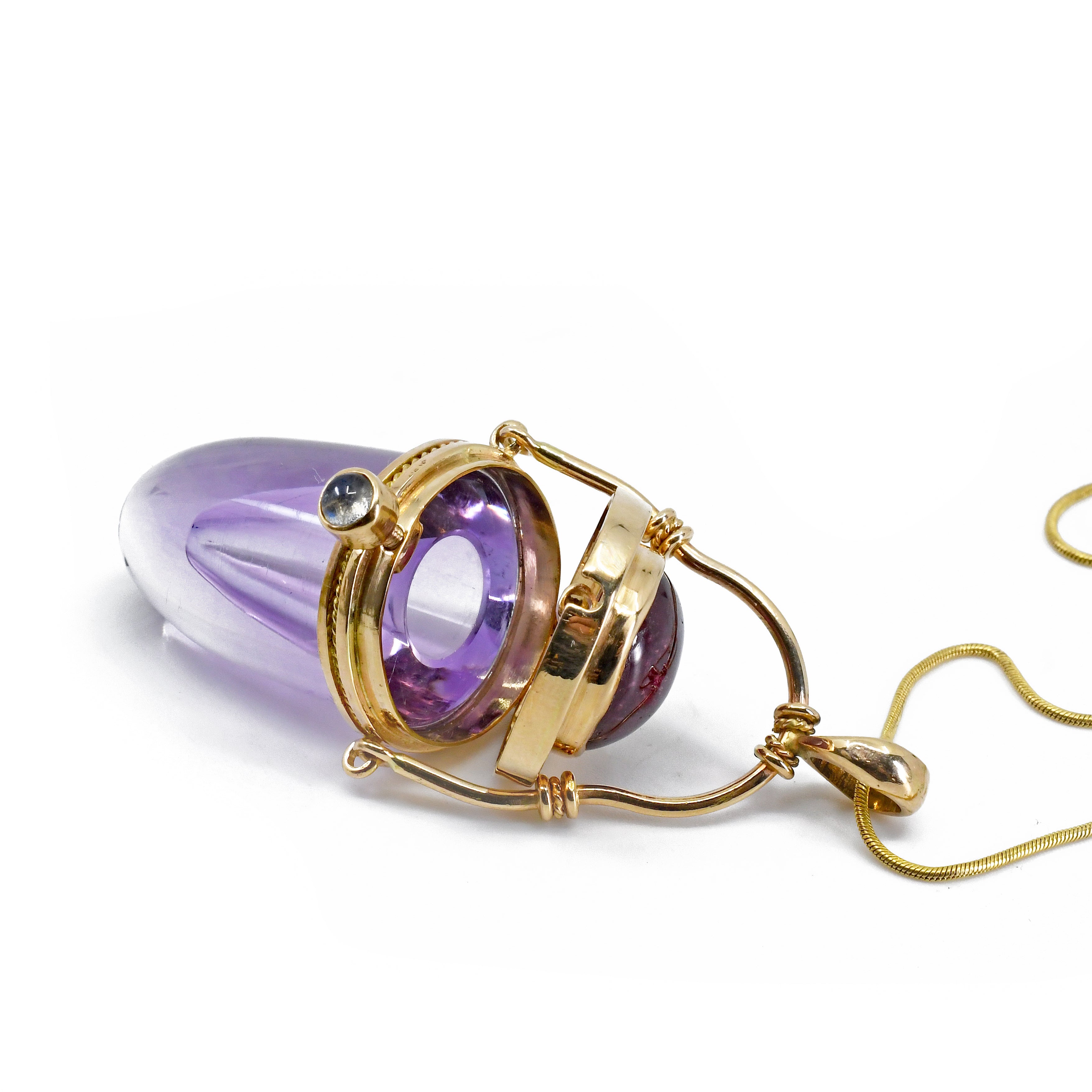 Amethyst 30.25 mm 77.23 ct with Tourmaline and Moonstone Handcrafted 14K Gemstone Vessel Pendant - GGO-102 - Crystalarium