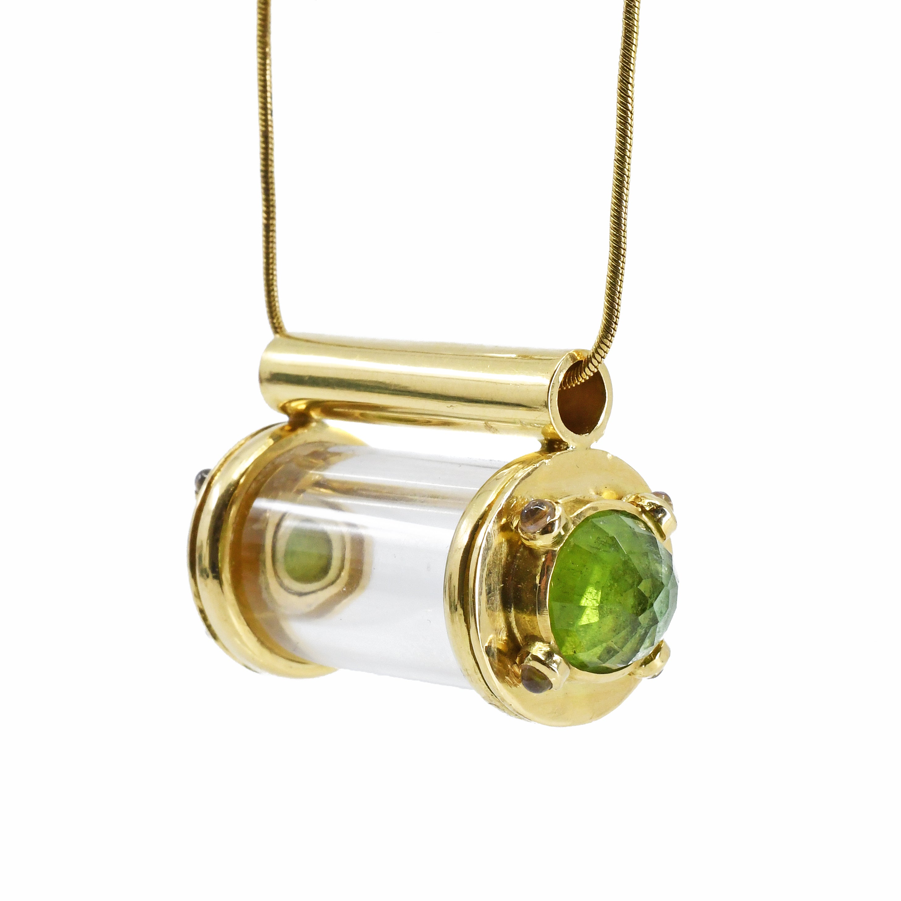 Quartz 20.76mm 33.20ct with Green Tourmaline and Moonstone Handcrafted 18K Gemstone Vessel Pendant - GGO-103 - Crystalarium