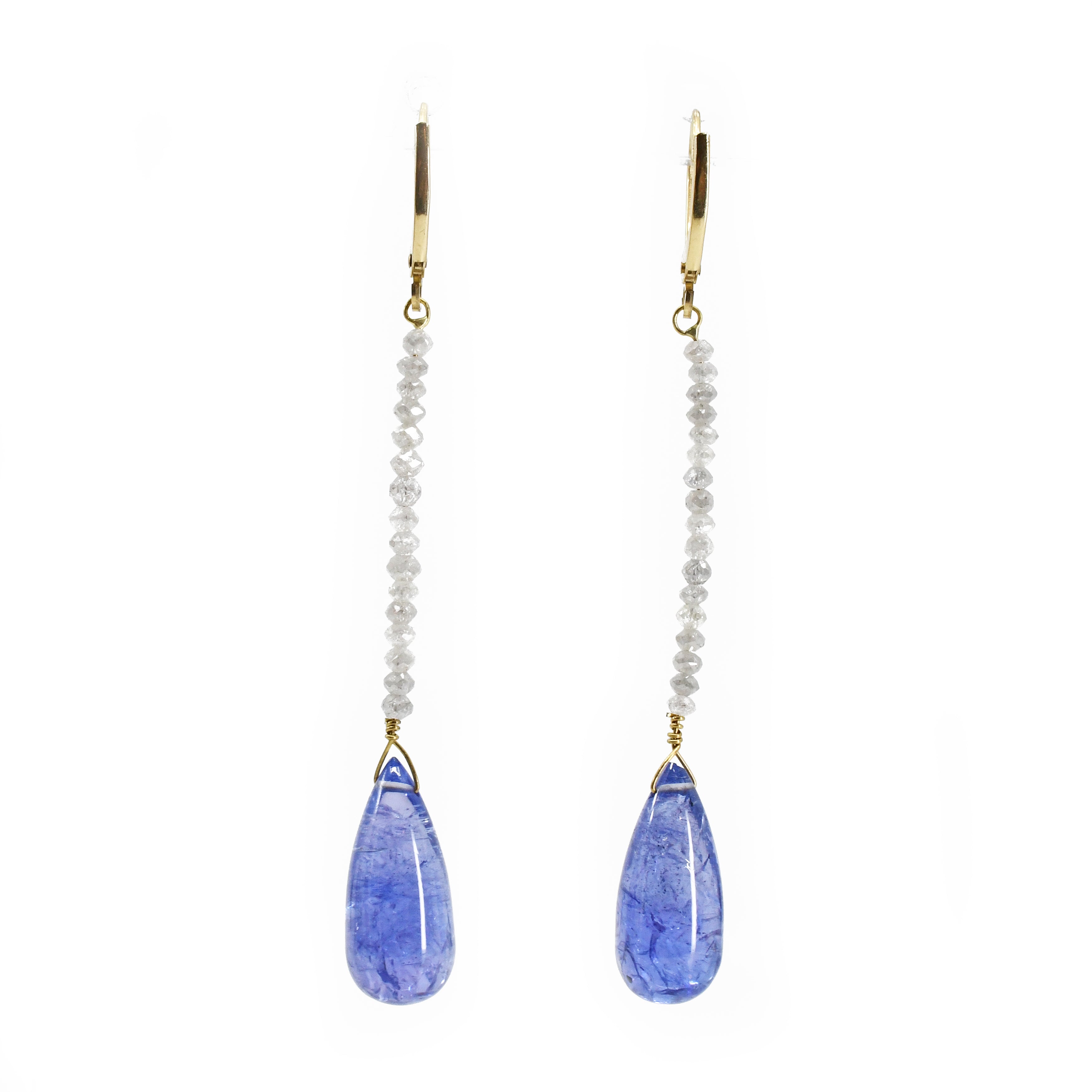 Tanzanite 20.24ct Briolette & Diamond Bead 18k Gold Handcrafted Earring Pair - HHO-026 - Crystalarium