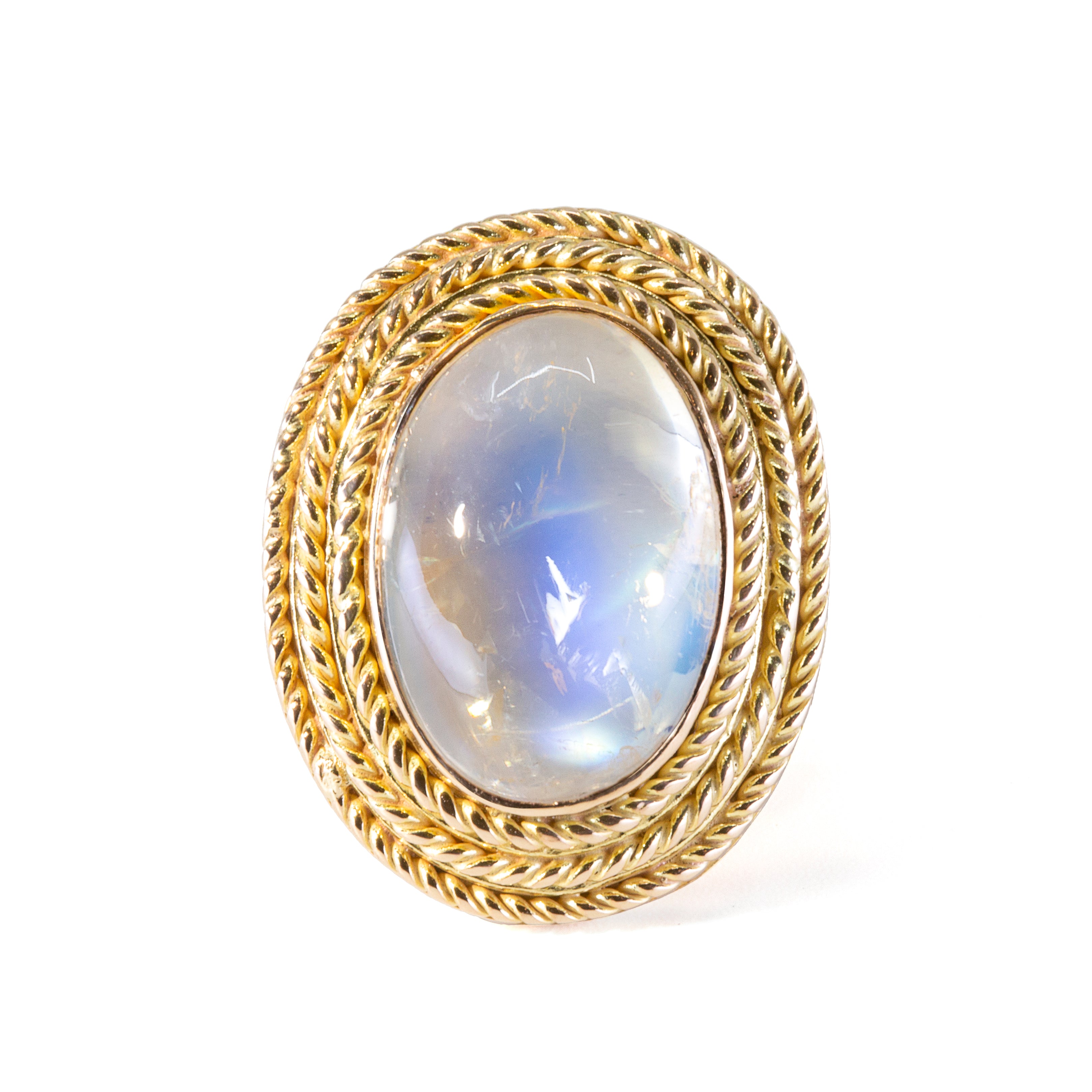 Moonstone 9.13 carat 16.7 mm Oval Cabochon 14k Handcrafted Braided Bezel Ring - JJO-030 - Crystalarium
