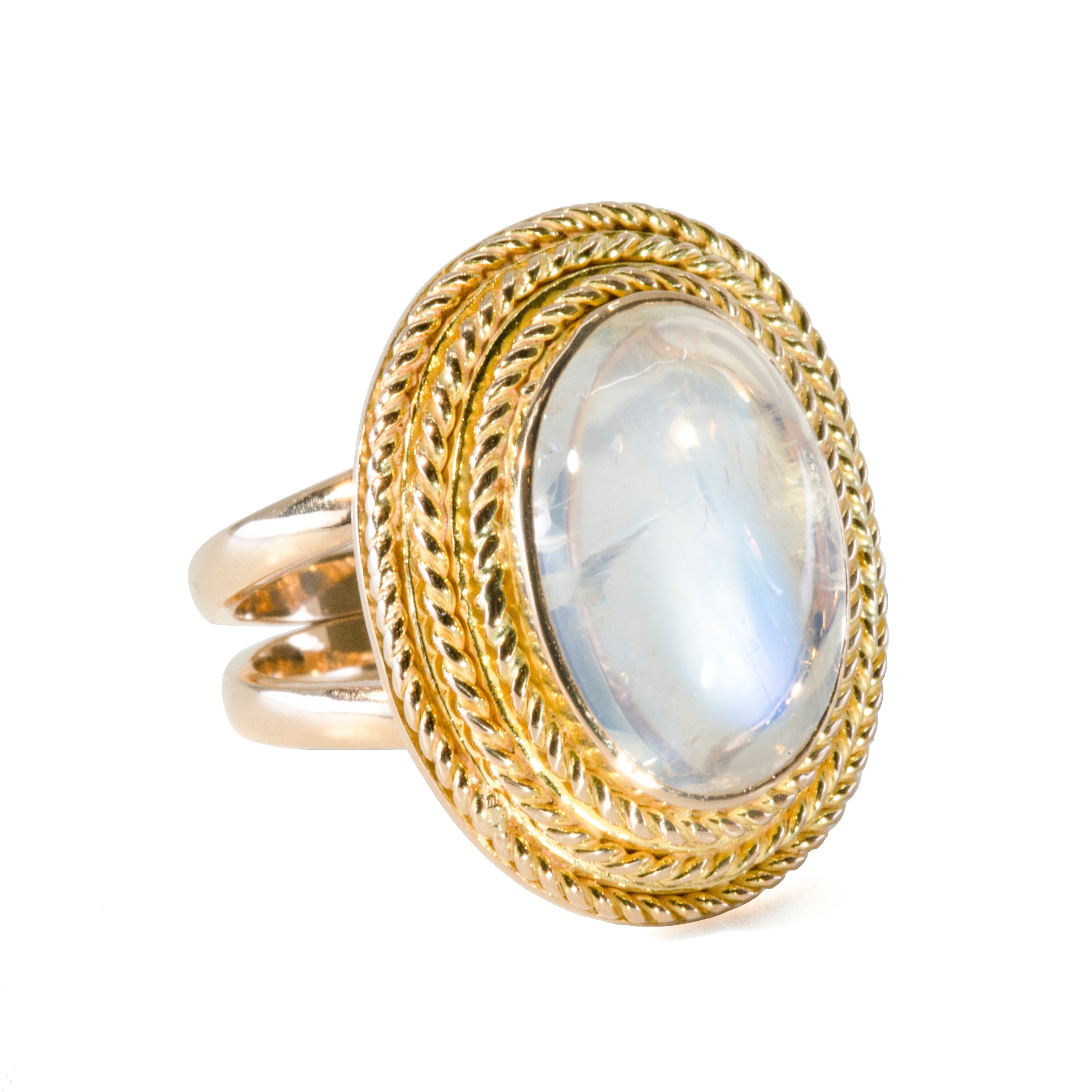 Moonstone 9.13 carat 16.7 mm Oval Cabochon 14k Handcrafted Braided Bezel Ring - JJO-030 - Crystalarium