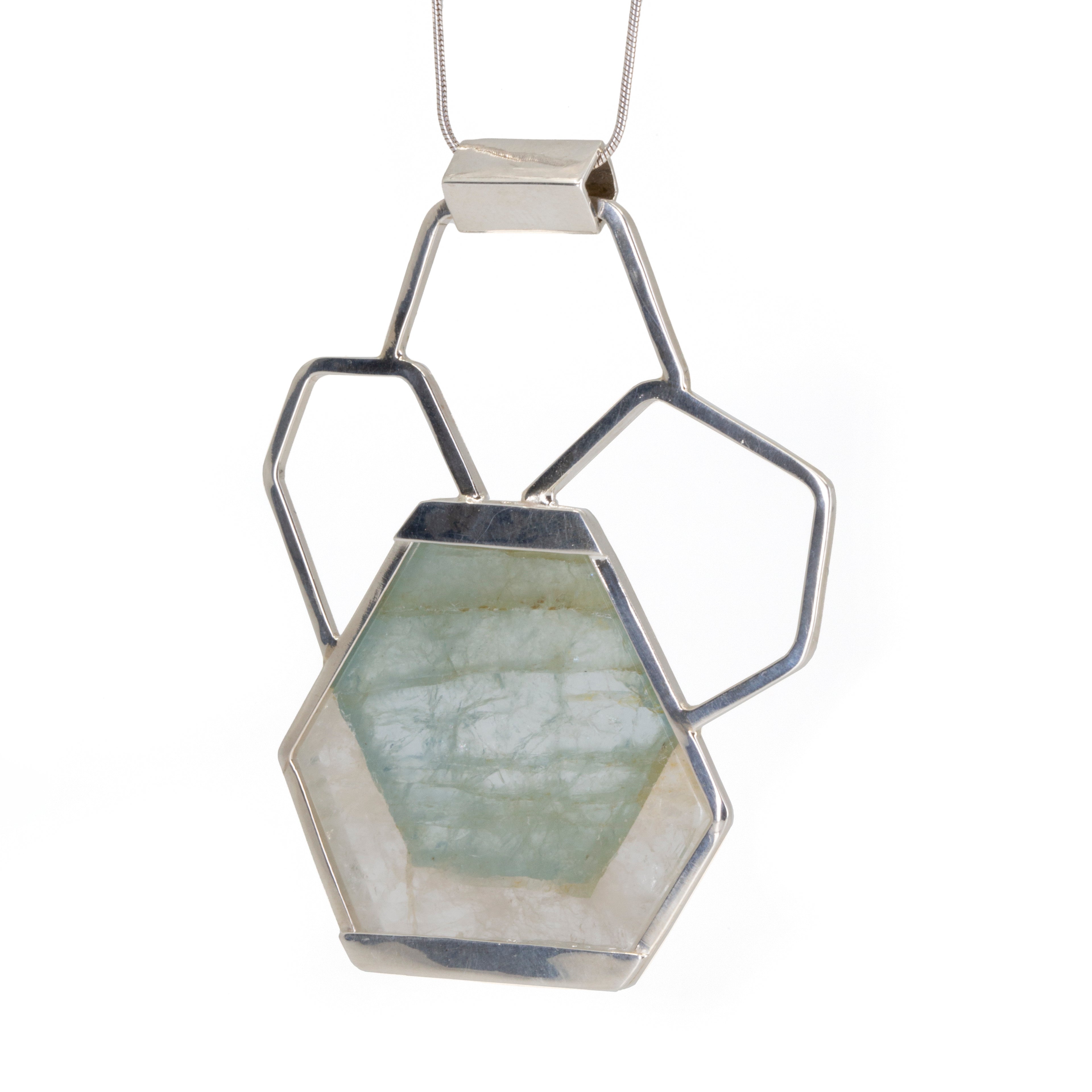 Aquamarine in Quartz 21.88ct Crystal Slice Handcrafted Sterling Silver Honeycomb Pendant - HHO-083 - Crystalarium