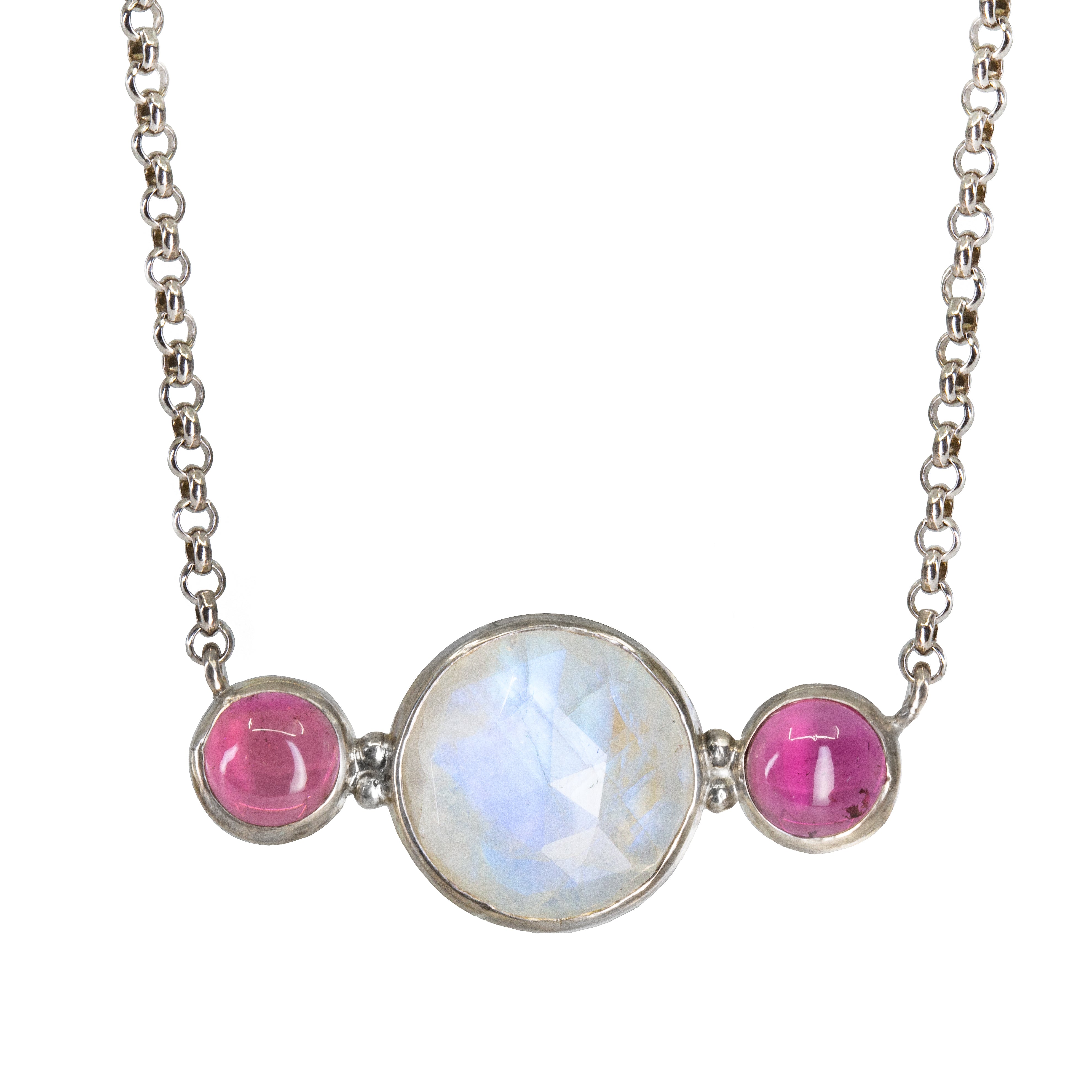 Blue Moonstone 38.2 ct with Pink Tourmaline Handcrafted Sterling Silver Necklace - GGO-159 - Crystalarium