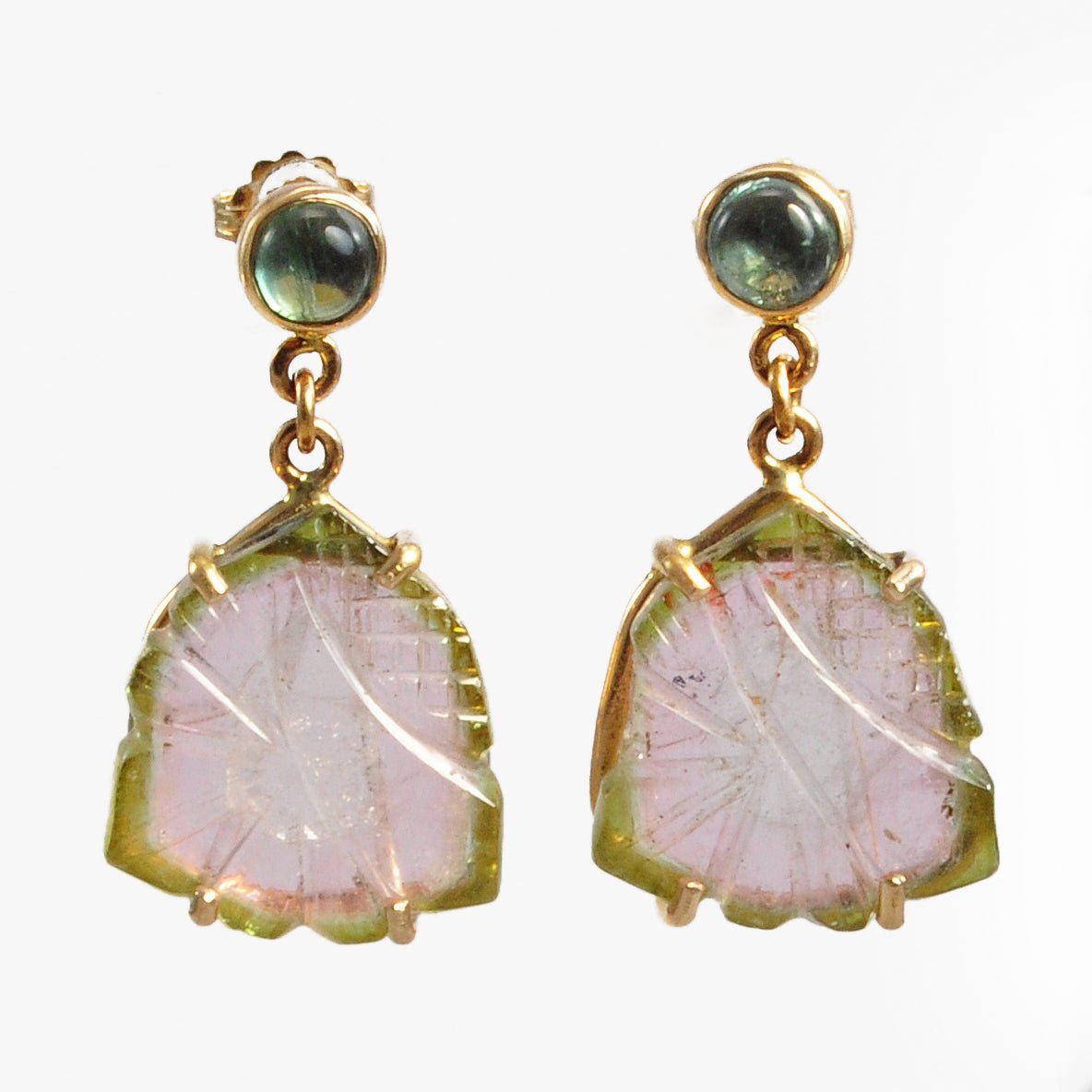 Watermelon Tourmaline 28.0mm 19.2 ct Floral Carving Handcrafted 14K Gemstone Earrings - BBO-227 - Crystalarium